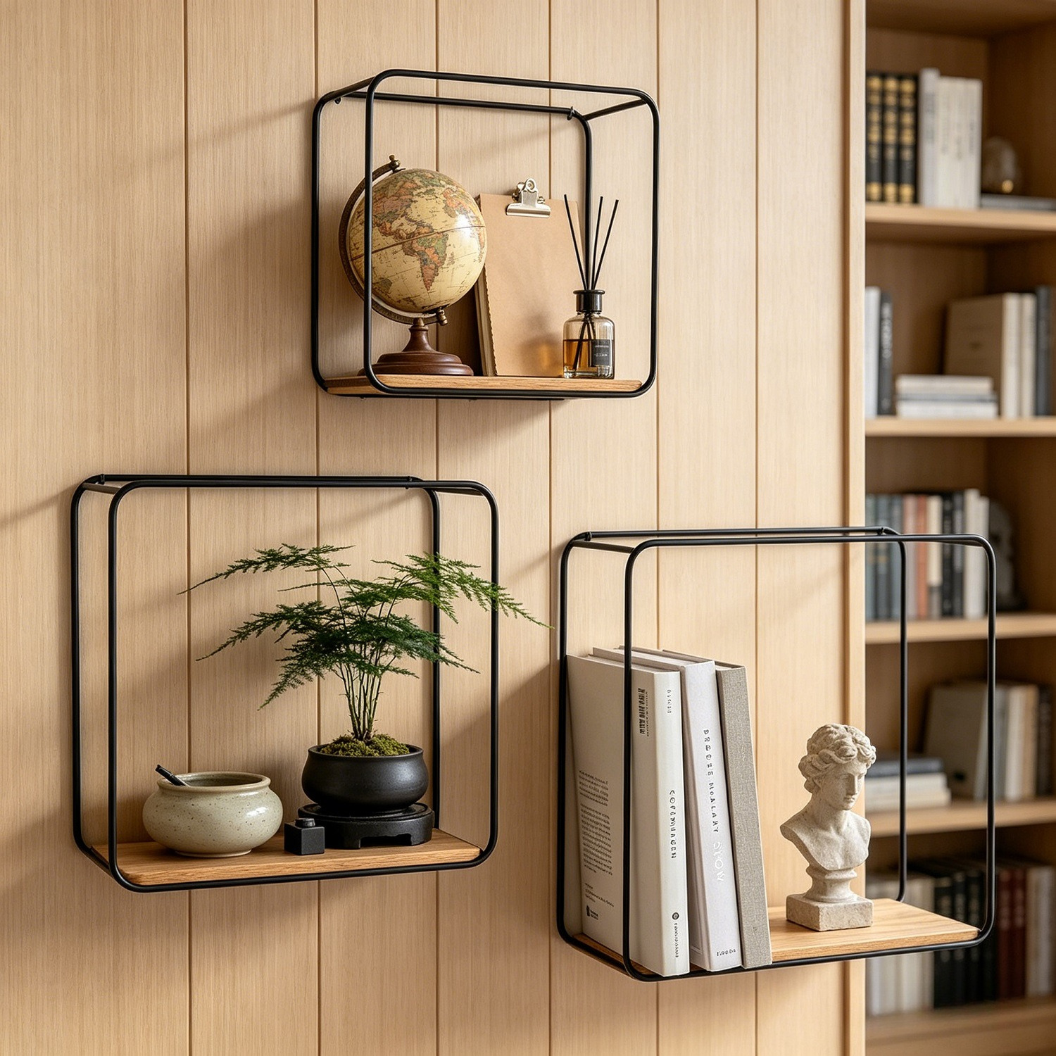 Set Of 3 Wall Shelves (Metal And Wood, Black); 22x22x12 Cm, 27x27x12 Cm, 32x32x12 Cm; For Storage And Decor