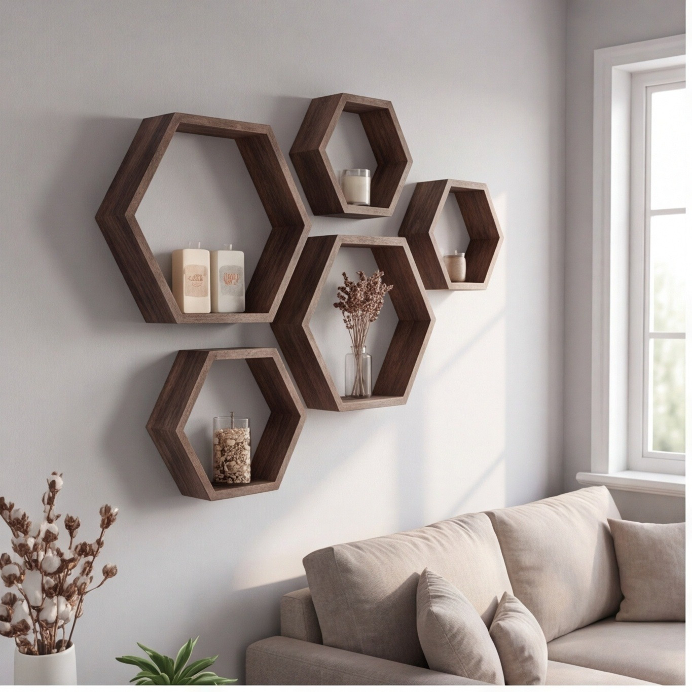 Set Of 5 Walnut Hexagon Shelves, Floating Wall Shelves For Living Room Organization – Party Accessories Set product image