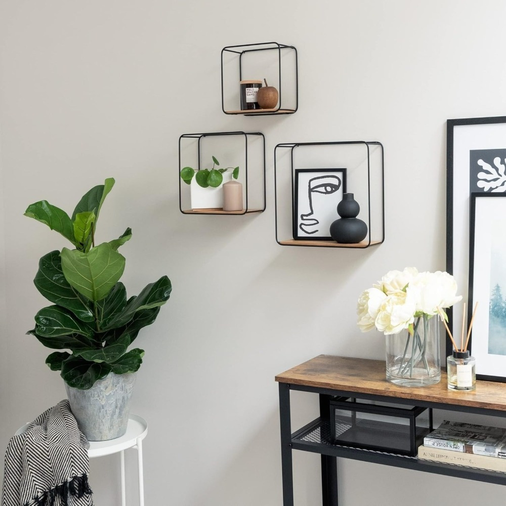 Set Of 3 Wall Shelves (Metal And Wood, Black); 22x22x12 Cm, 27x27x12 Cm, 32x32x12 Cm; For Storage And Decor 4