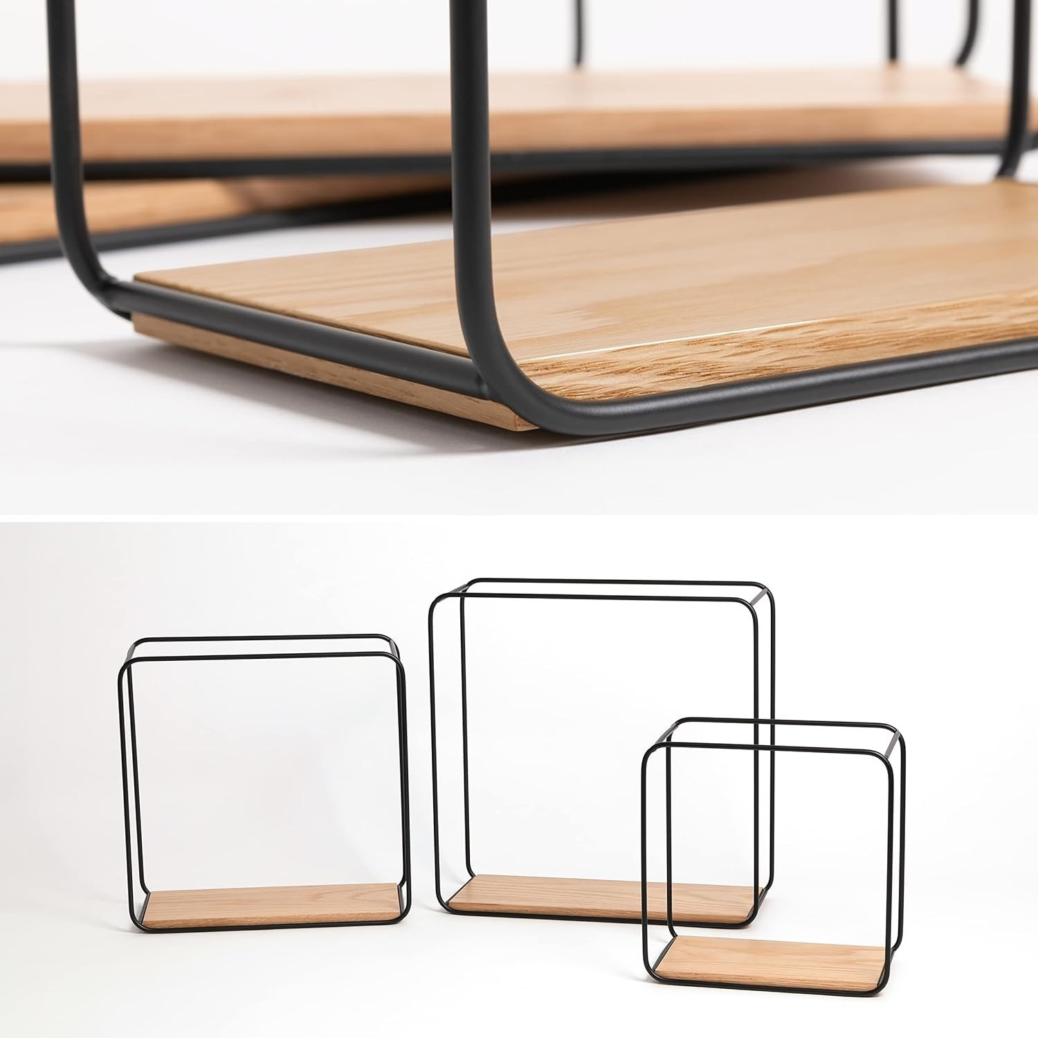 Set Of 3 Wall Shelves (Metal And Wood, Black); 22x22x12 Cm, 27x27x12 Cm, 32x32x12 Cm; For Storage And Decor 3