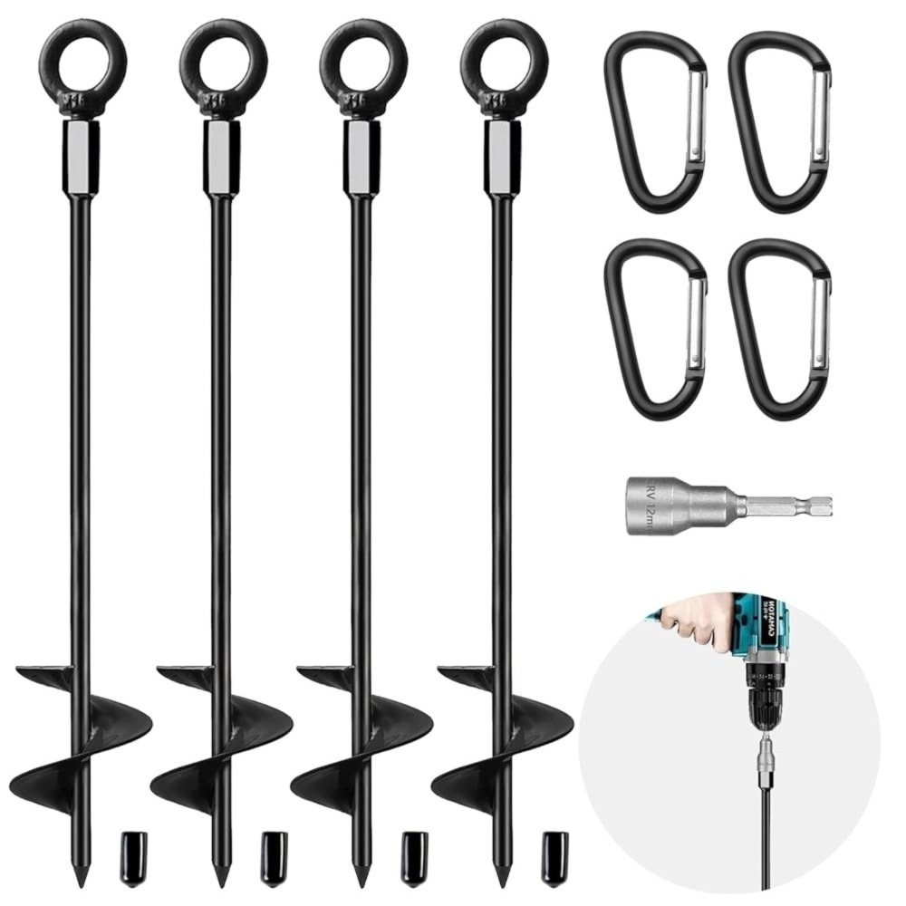 Multi-piece Party Value Packs, 4-Piece Ground Anchor Set With Climbing Clips And Drill Bit—Trampoline Anchor Kit, Heavy-Duty Ground Anchors For Tents, Trampolines, Swings, Slides, And Garden Sheds