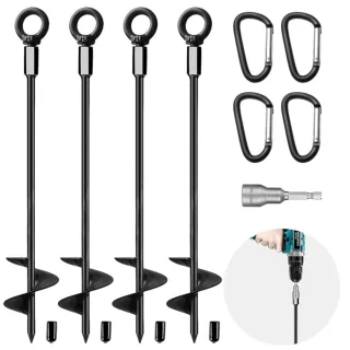 Multi-piece Party Value Packs, 4-Piece Ground Anchor Set With Climbing Clips And Drill Bit—Trampoline Anchor Kit, Heavy-Duty Ground Anchors For Tents, Trampolines, Swings, Slides, 