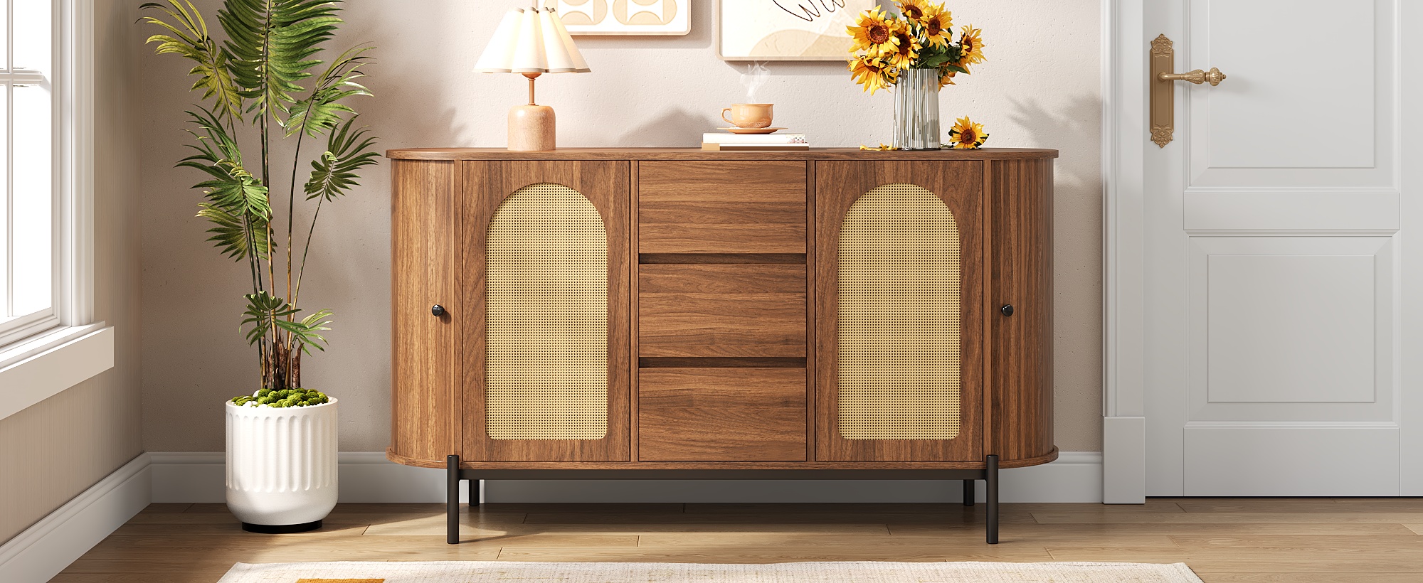 Sideboard With Rattan, Sliding Doors, And Drawers, Adjustable Compartments — image 4