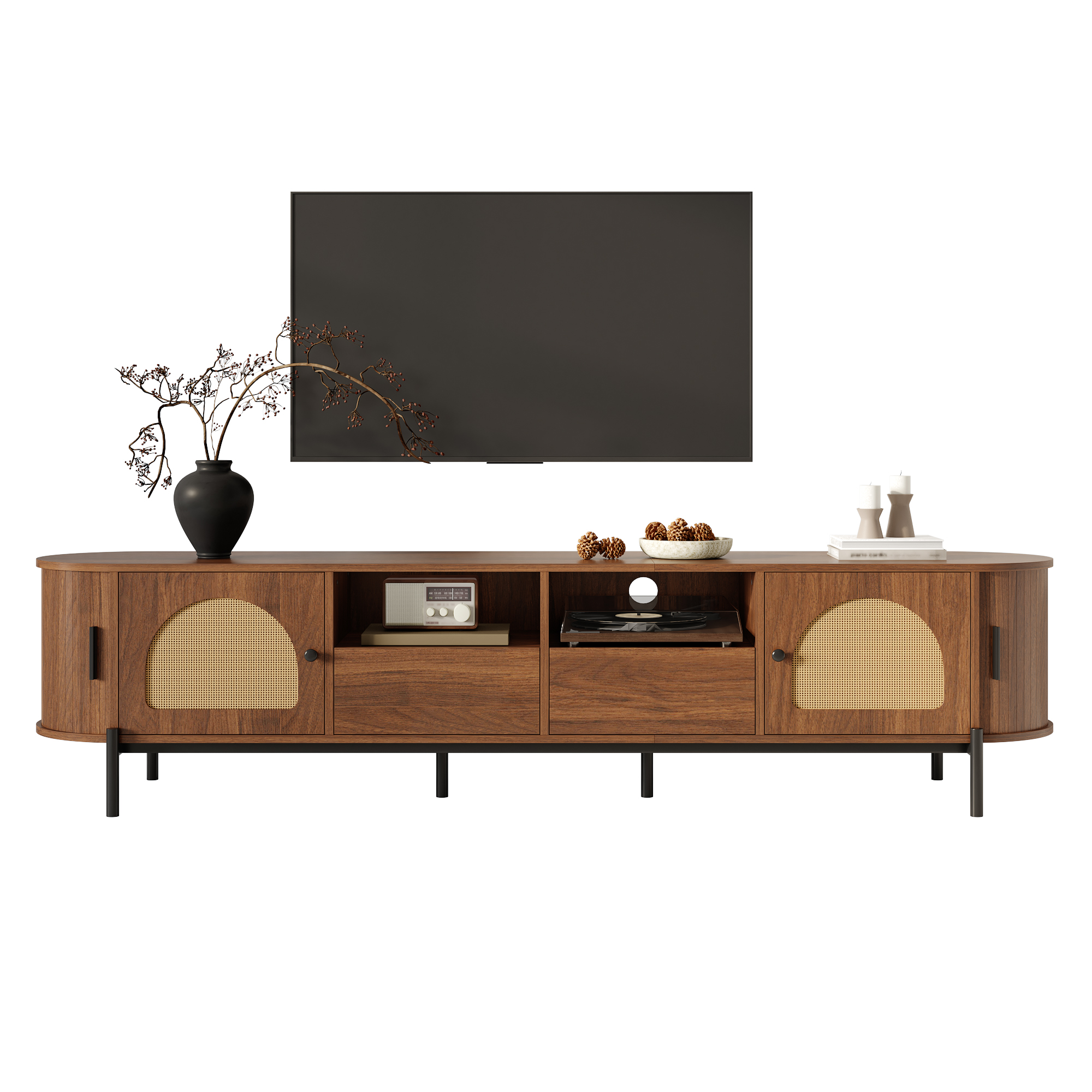TV Cabinet With Rattan, Sliding Doors, And Drawers, Wood Look, Metal Legs — image 2