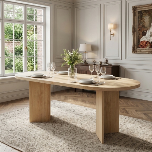 Modern Large Dining Table For 6-8, Oval Wood Finish Kitchen With Double