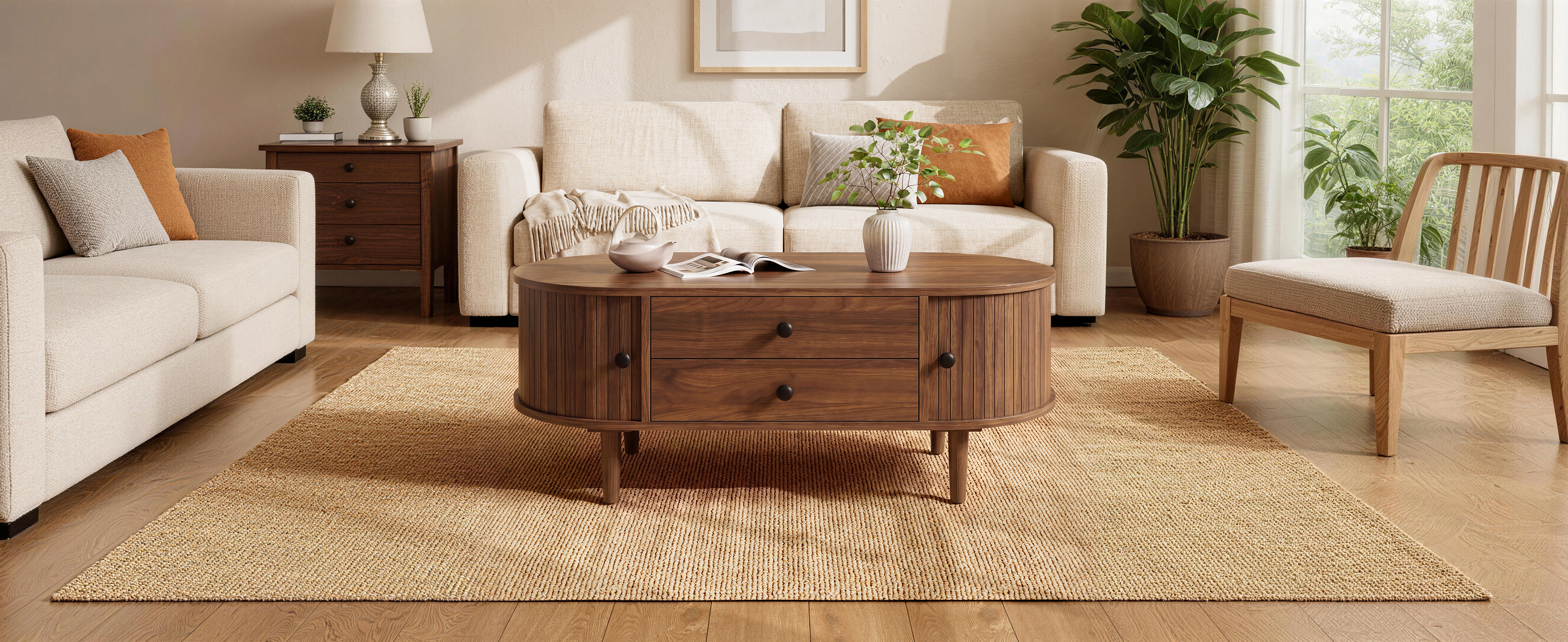 Modern Retro Oval Coffee Table, Sliding Doors, 2 Drawers, Vertical Ridges — image 2
