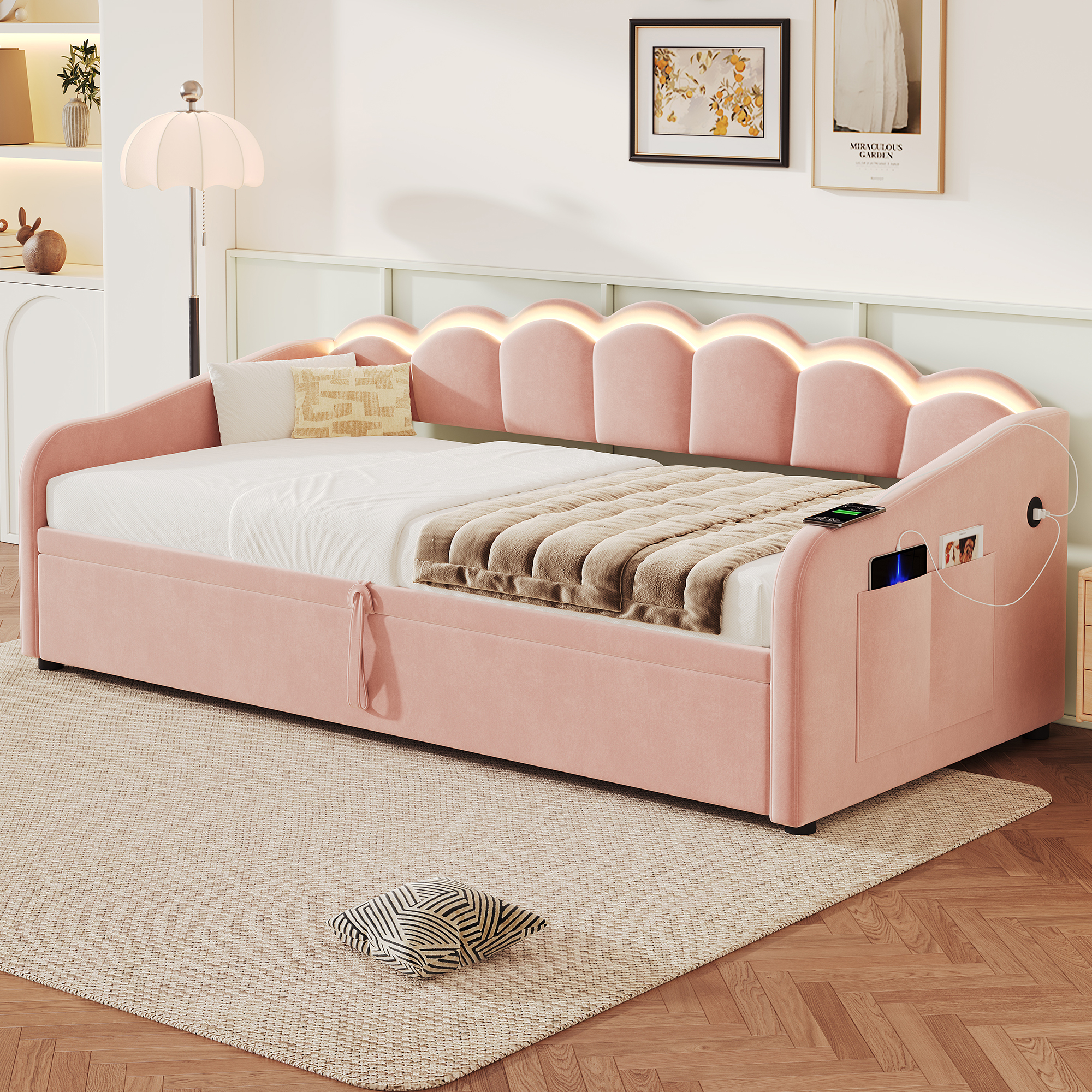 Upholstered Bed 90x190cm, Daybed, RGB LED Sofa With Charging Station, 3ft Petal — image 3