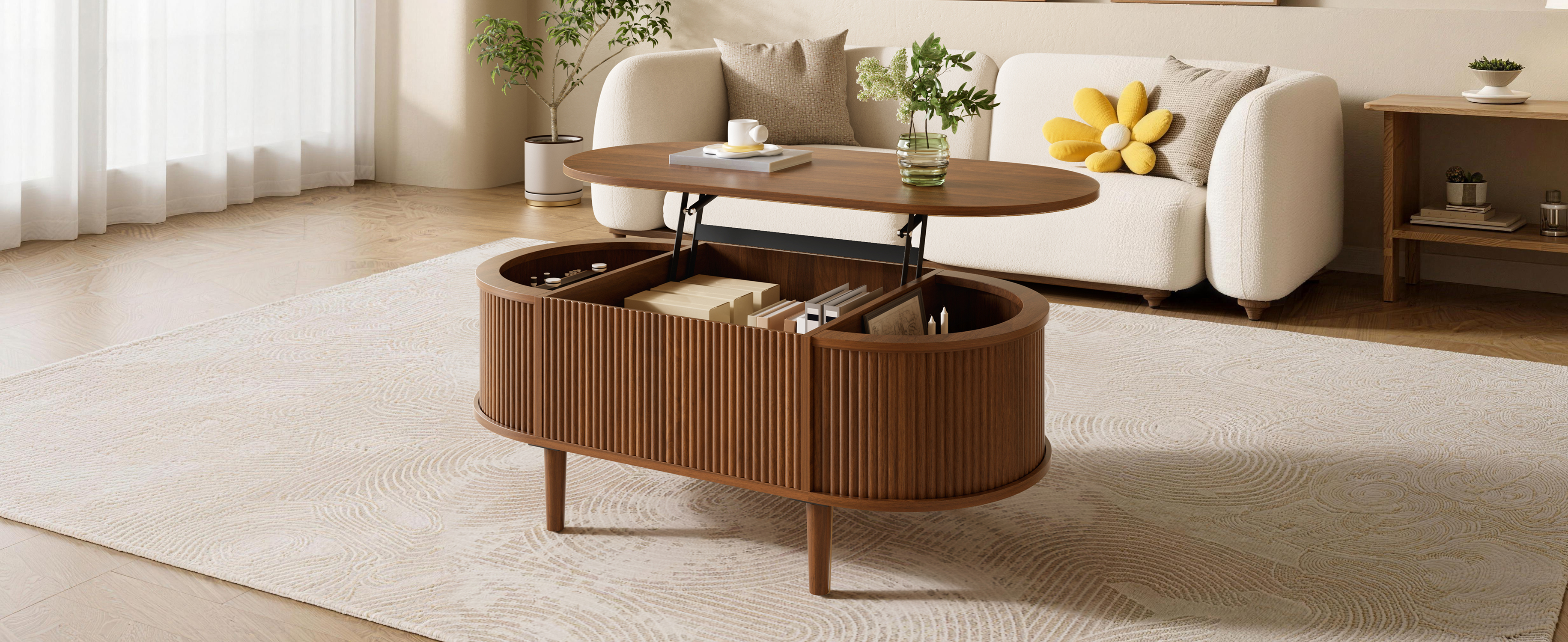 Vertical Stripe Texture Height-Adjustable Oval Coffee Table With Storage, MDF — image 3