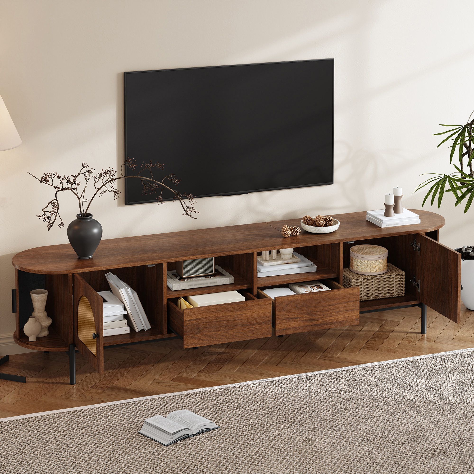 TV Cabinet With Rattan, Sliding Doors, And Drawers, Wood Look, Metal Legs — image 5