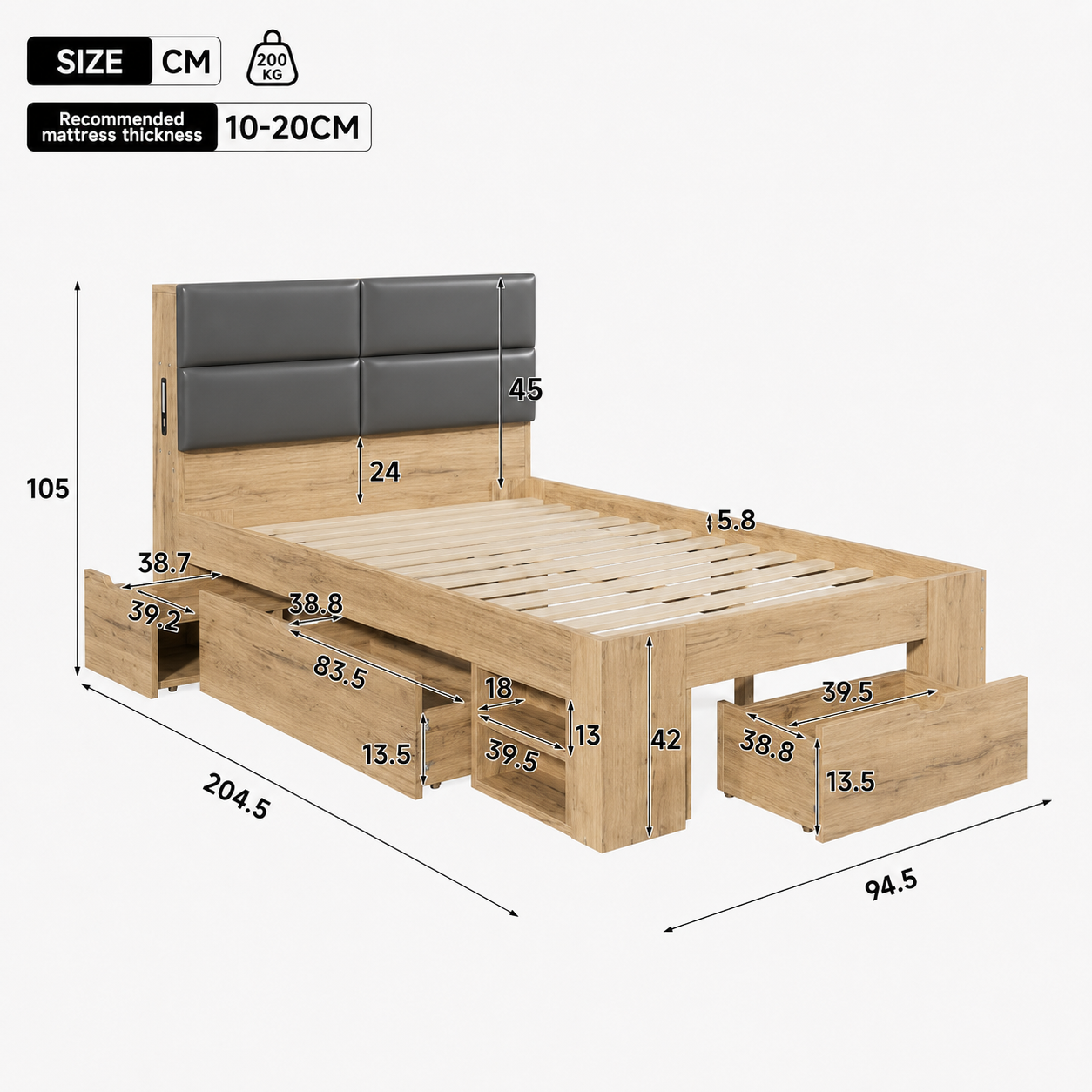 3ft Single Bed Frame With Storage, 90 X 190 Cm Natural Effect 3 Drawers, 2 Open