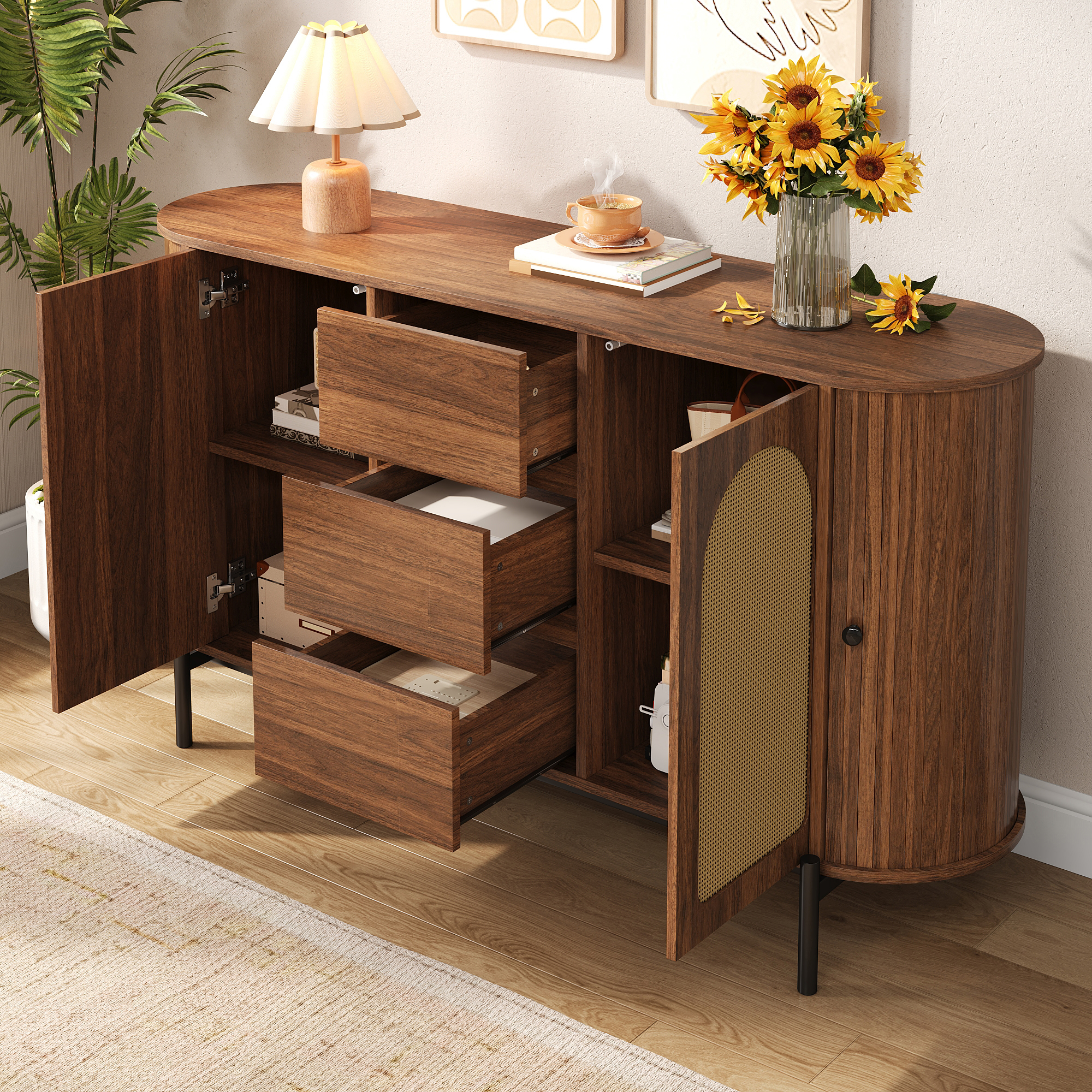 Sideboard With Rattan, Sliding Doors, And Drawers, Adjustable Compartments — image 2