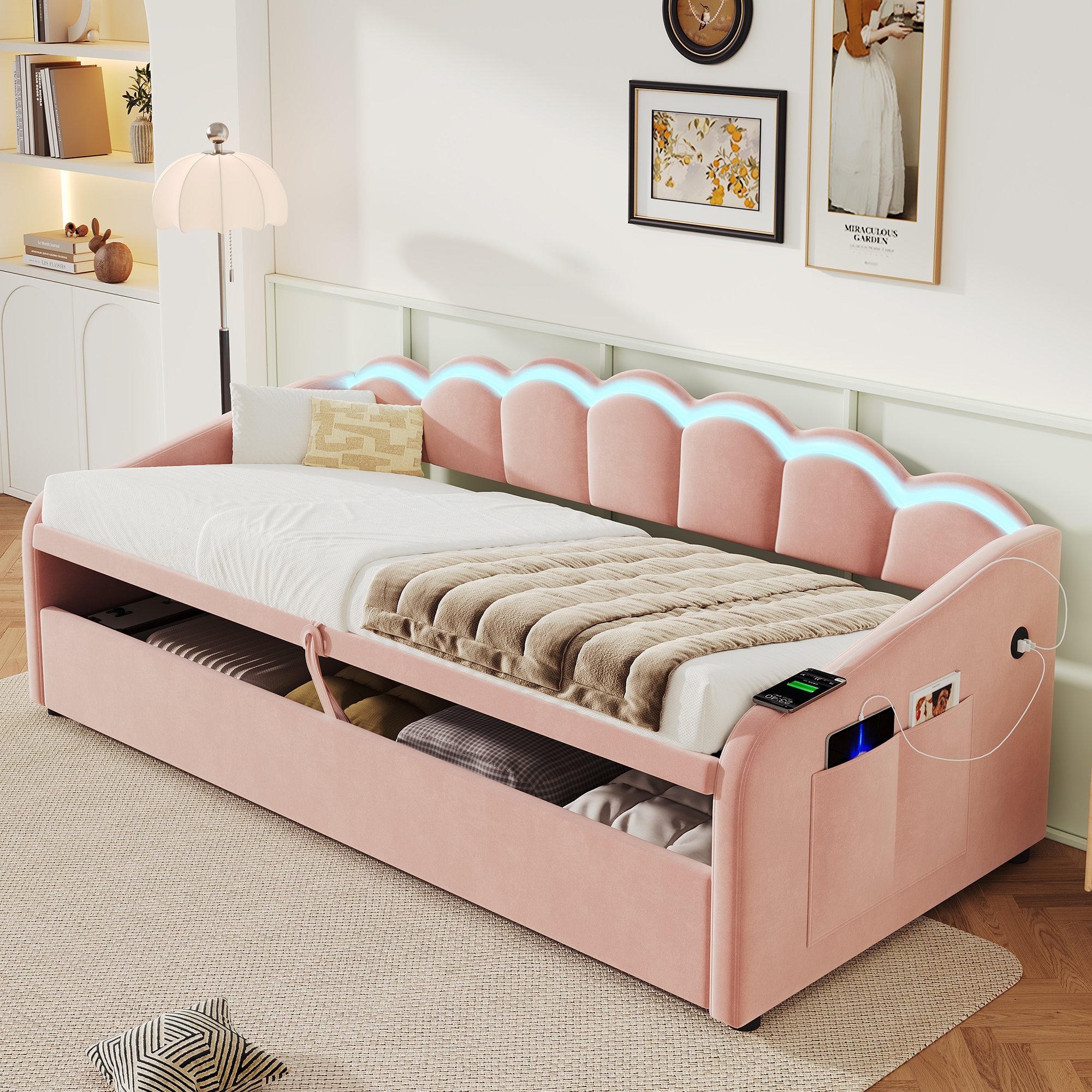 Upholstered Bed 90x190cm, Daybed, RGB LED Sofa With Charging Station, 3ft Petal — image 5