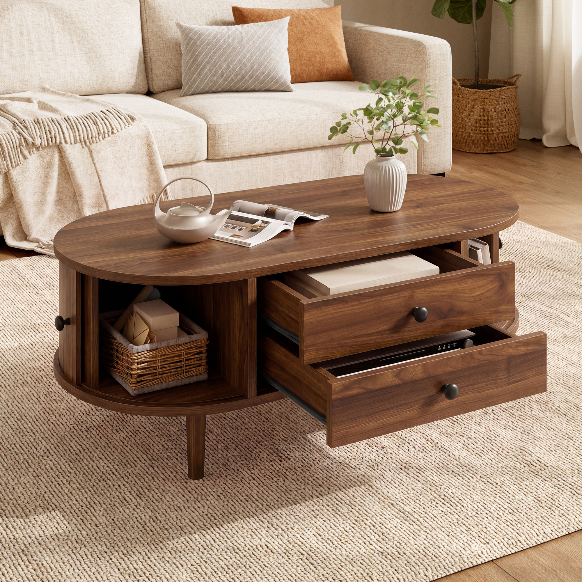 Modern Retro Oval Coffee Table, Sliding Doors, 2 Drawers, Vertical Ridges