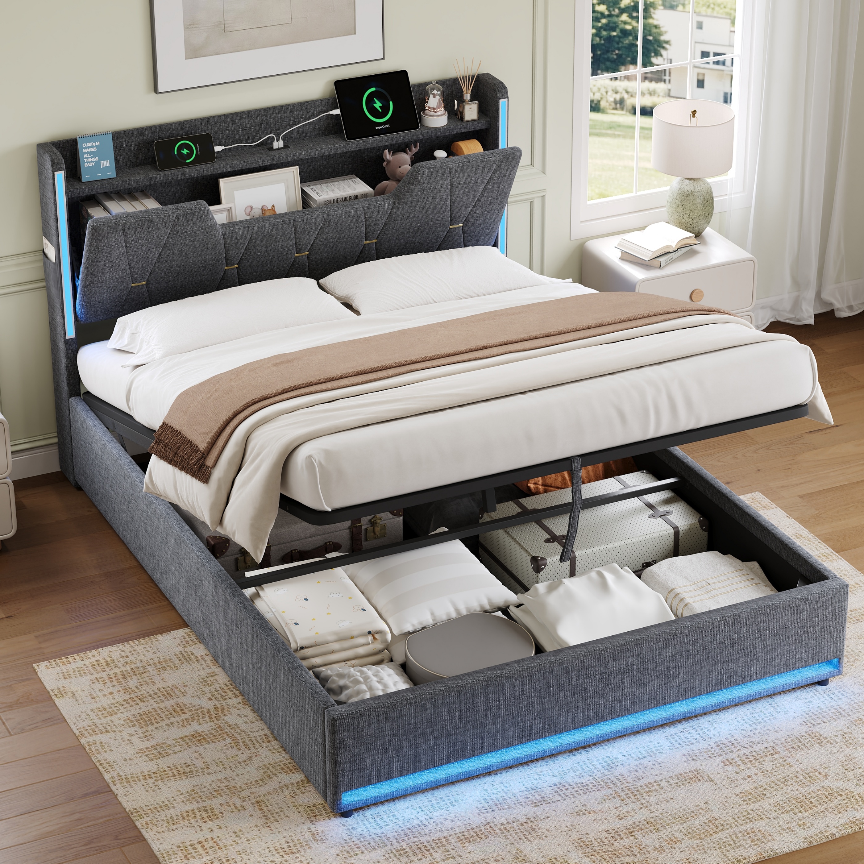 4ft6 Double Upholstered Bed Frame With Hydraulic Storage, LED X-Shape Headboard — image 3