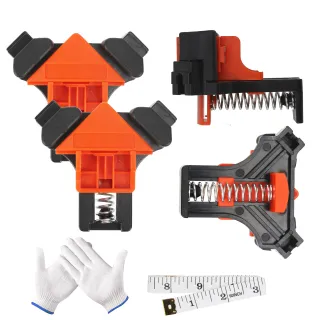 Corner Clamp Set With 4 Angle Clamps, Nylon Gloves, And A Measuring Tape—a Handy Kit For Assembly And Hand Tools