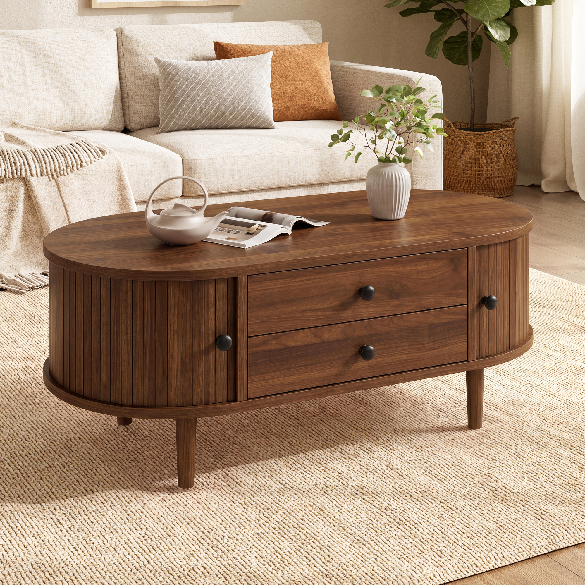 Modern Retro Oval Coffee Table, Sliding Doors, 2 Drawers, Vertical Ridges — image 5