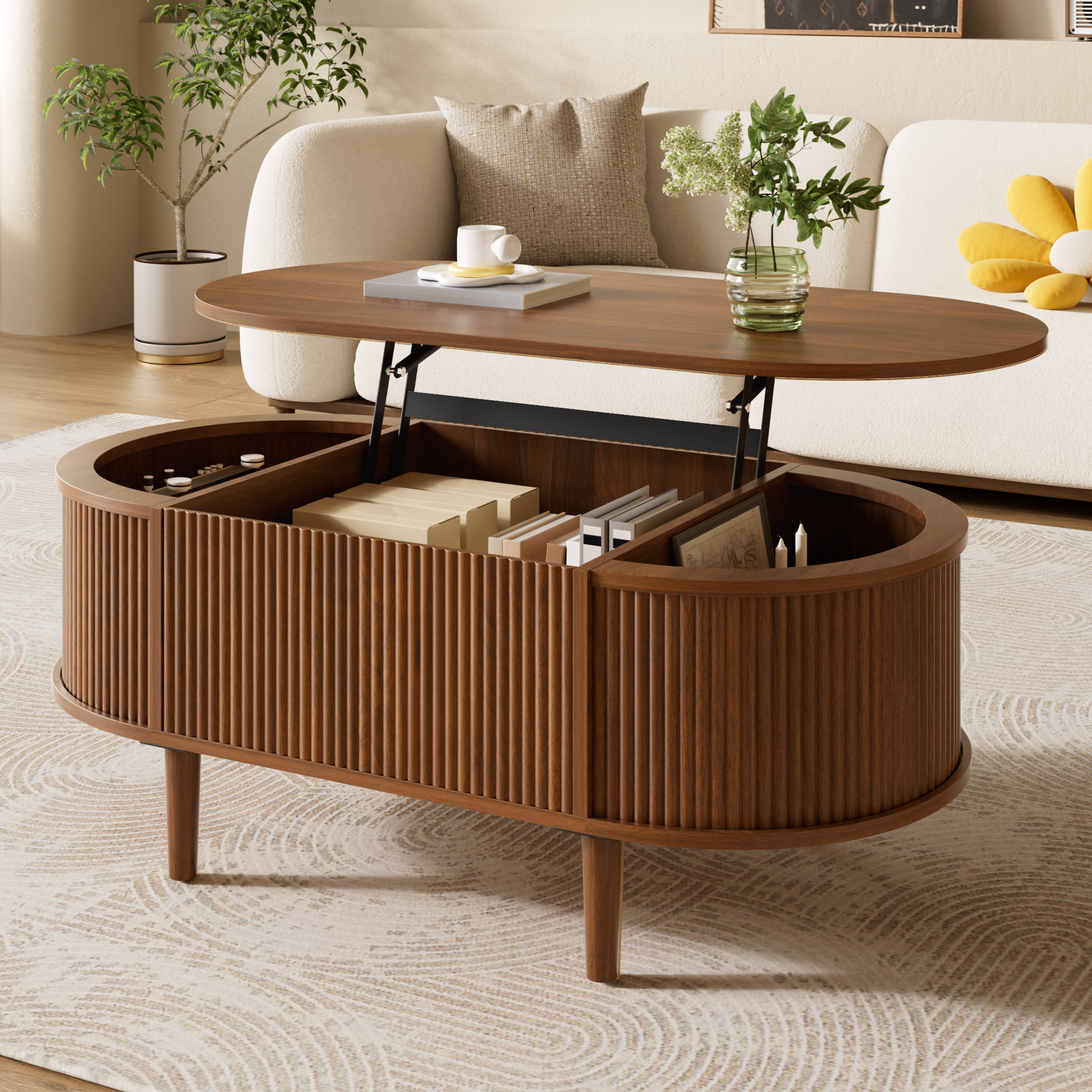 Vertical Stripe Texture Height-Adjustable Oval Coffee Table With Storage, MDF