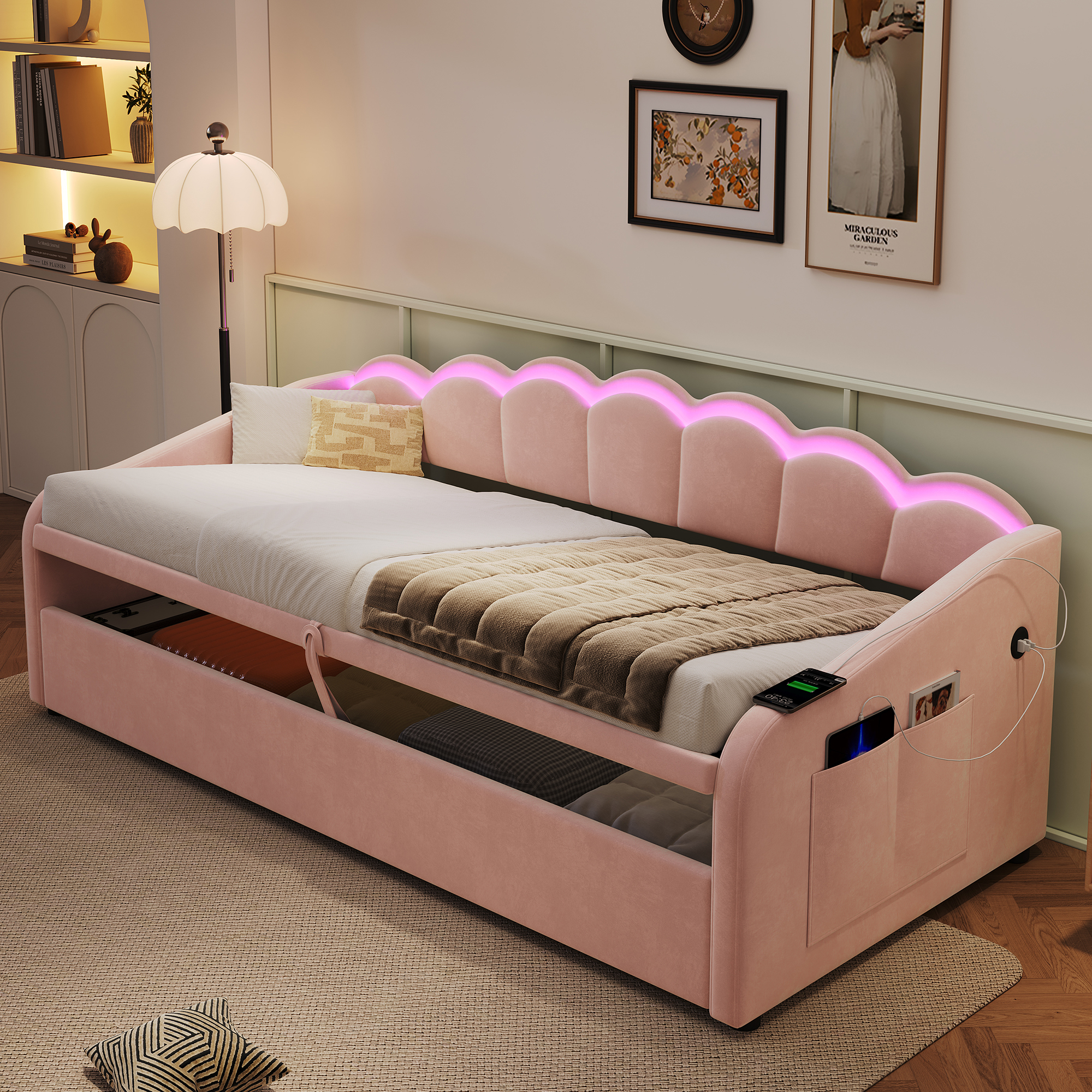Upholstered Bed 90x190cm, Daybed, RGB LED Sofa With Charging Station, 3ft Petal — image 4