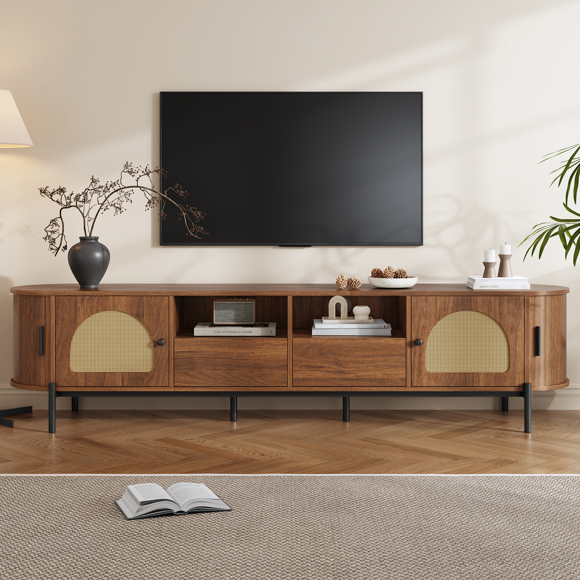TV Cabinet With Rattan, Sliding Doors, Doors And Drawers, Wood Look, Metal Legs, Multifunctional Living Room Storage Cabinet