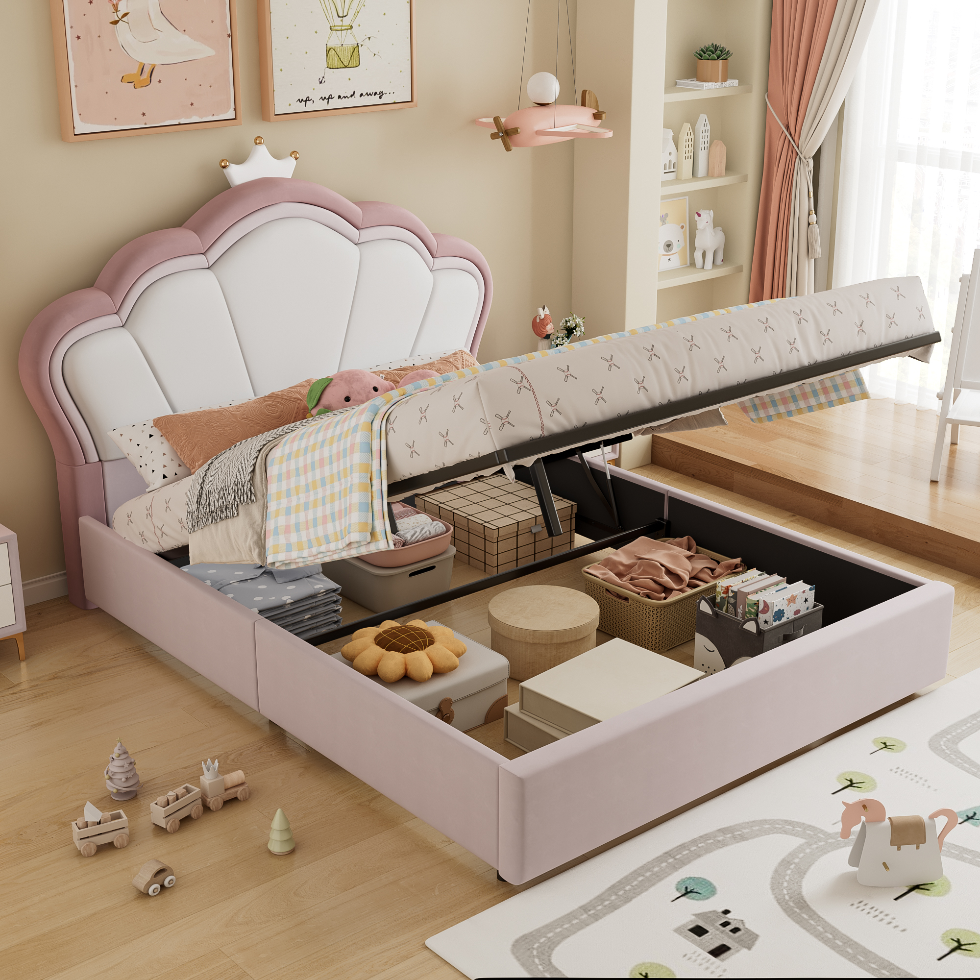 Upholstered Bed, Hydraulic Bed With Storage Function, 4ft6 Double Bed 135x190cm, Durable And Sturdy, Velvet  Plywood, Pink,No Mattress