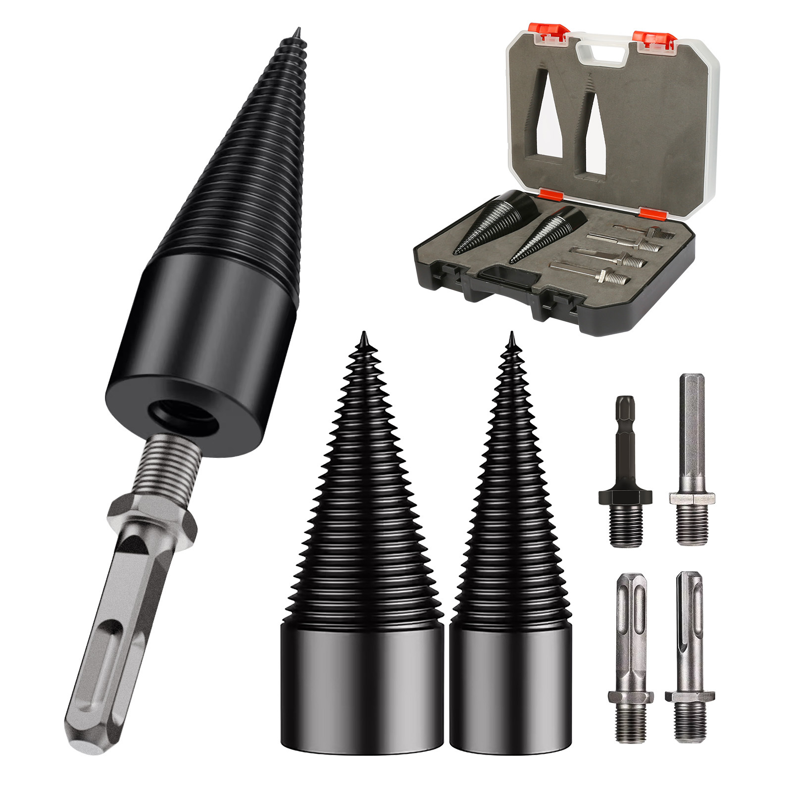 Wood Splitter Drill Bit Set, 6-Piece Wedge Drill Bit Set In A Storage Box, 32 Mm & 42 Mm Diameter, Professional Forestry Hand Tools