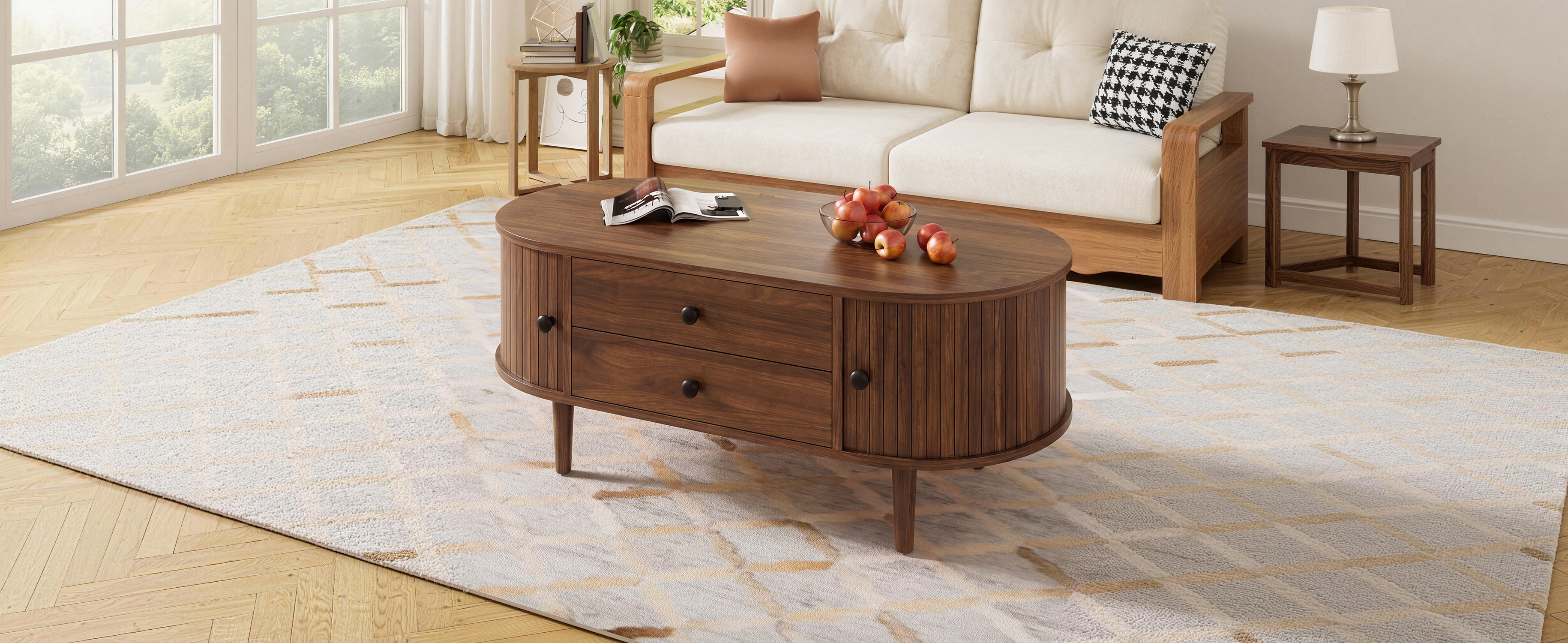 Modern Retro Oval Coffee Table, Sliding Doors, 2 Drawers, Vertical Ridges — image 3