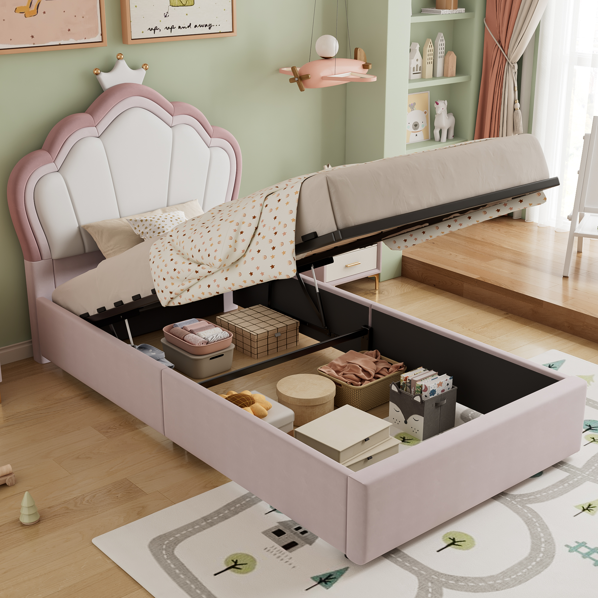 Upholstered Bed, Hydraulic Bed With Storage Function, 3ft Single Bed 90x190cm, Durable And Sturdy, Kids Bed, Velvet  Plywood, Pink, No Mattress