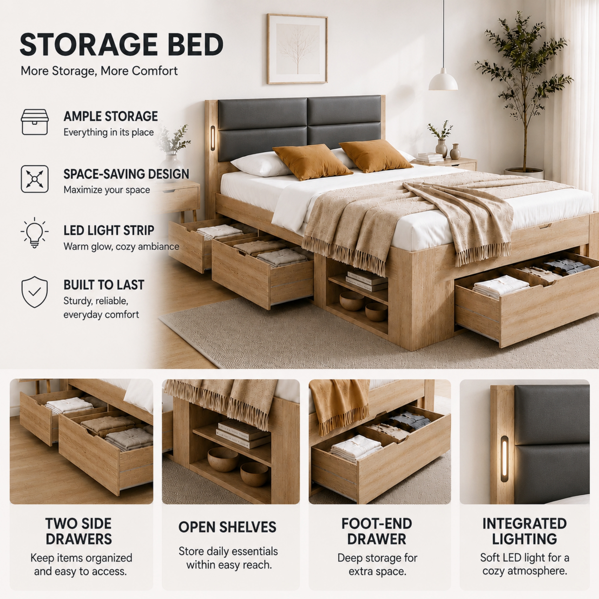 3ft Single Bed Frame With Storage, 90 X 190 Cm Natural Effect 3 Drawers, 2 Open — image 3