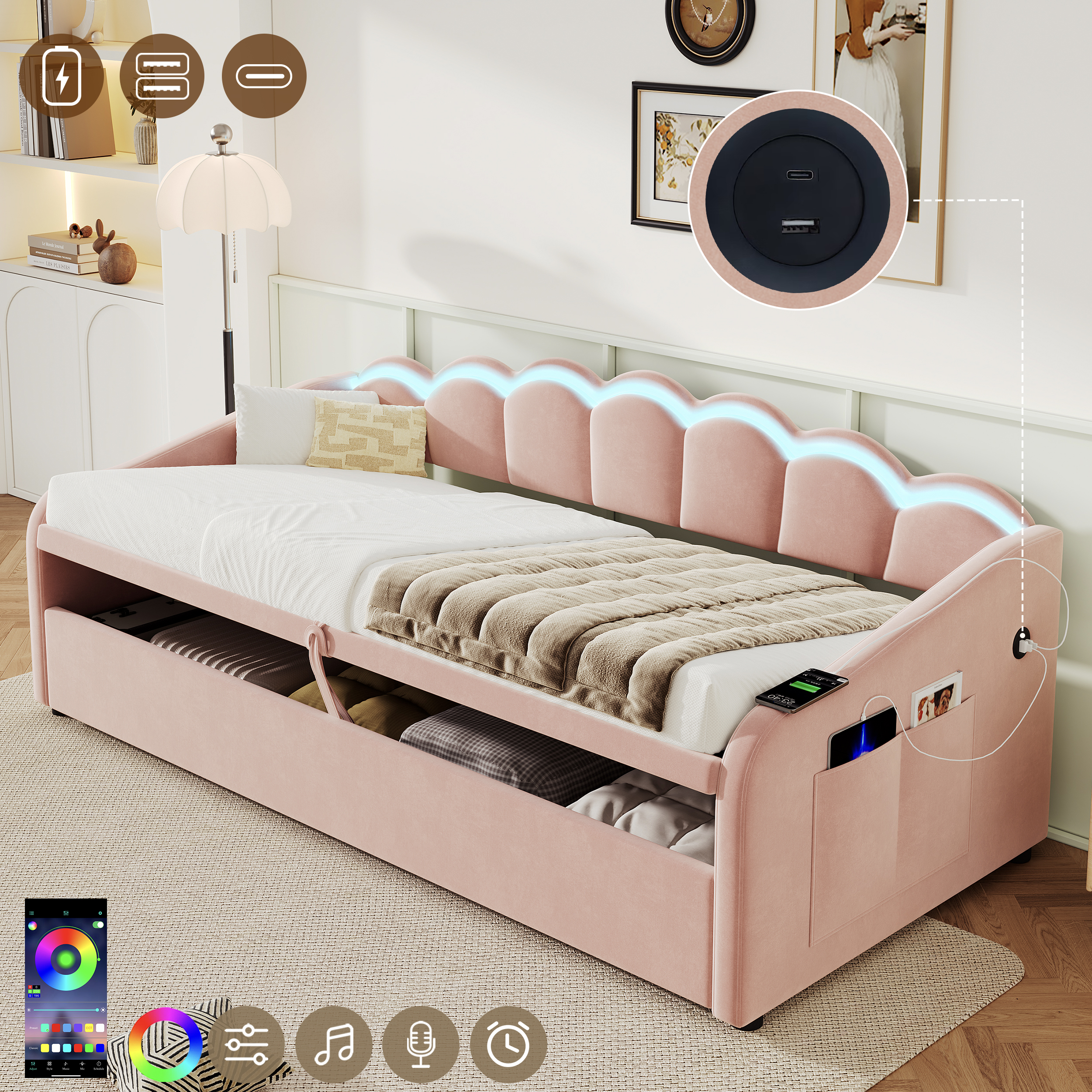 Upholstered Bed 90x190cm, Daybed, RGB LED Sofa Bed With Charging Station, 3ft Petal Shape Single Bed With Hydraulic Storage For Living Room  Bedroom  Study Room, Velvet, P Ink  No Mattress