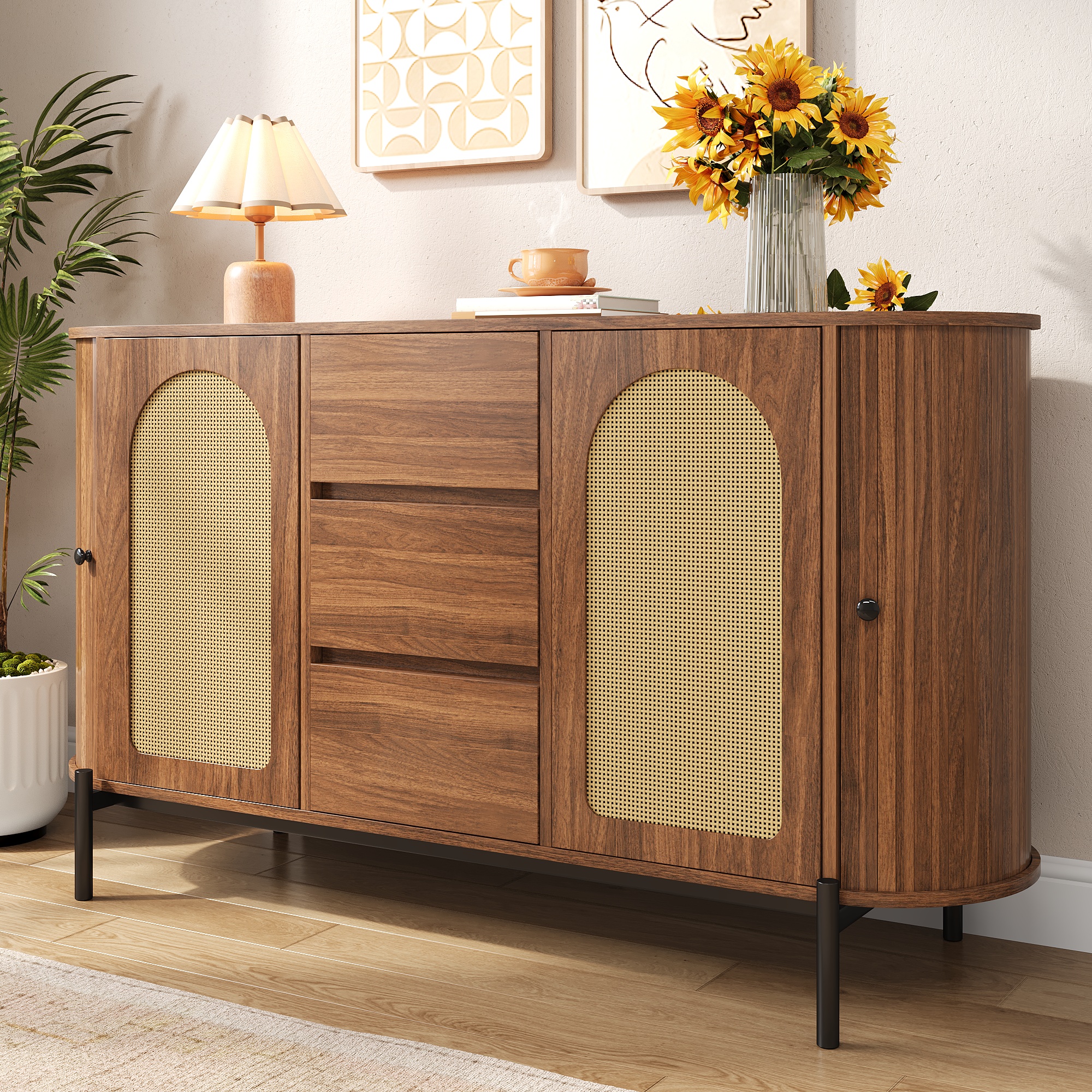 Sideboard With Rattan, Sliding Doors, And Drawers, Adjustable Compartments