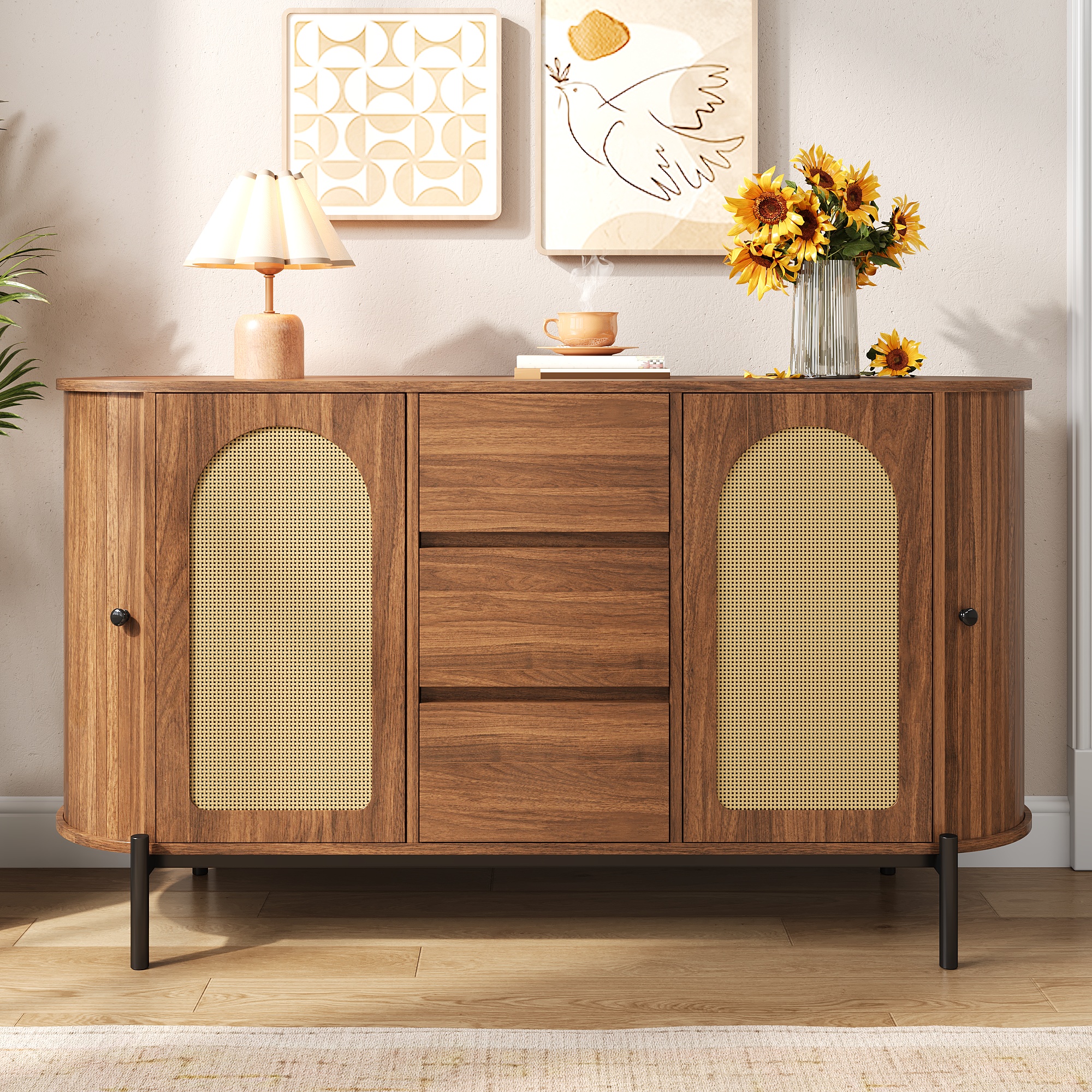 Sideboard With Rattan, Sliding Doors, Doors And Drawers, Adjustable Compartments, Wood Look, Metal Legs, Multifunctional Storage Cabinet