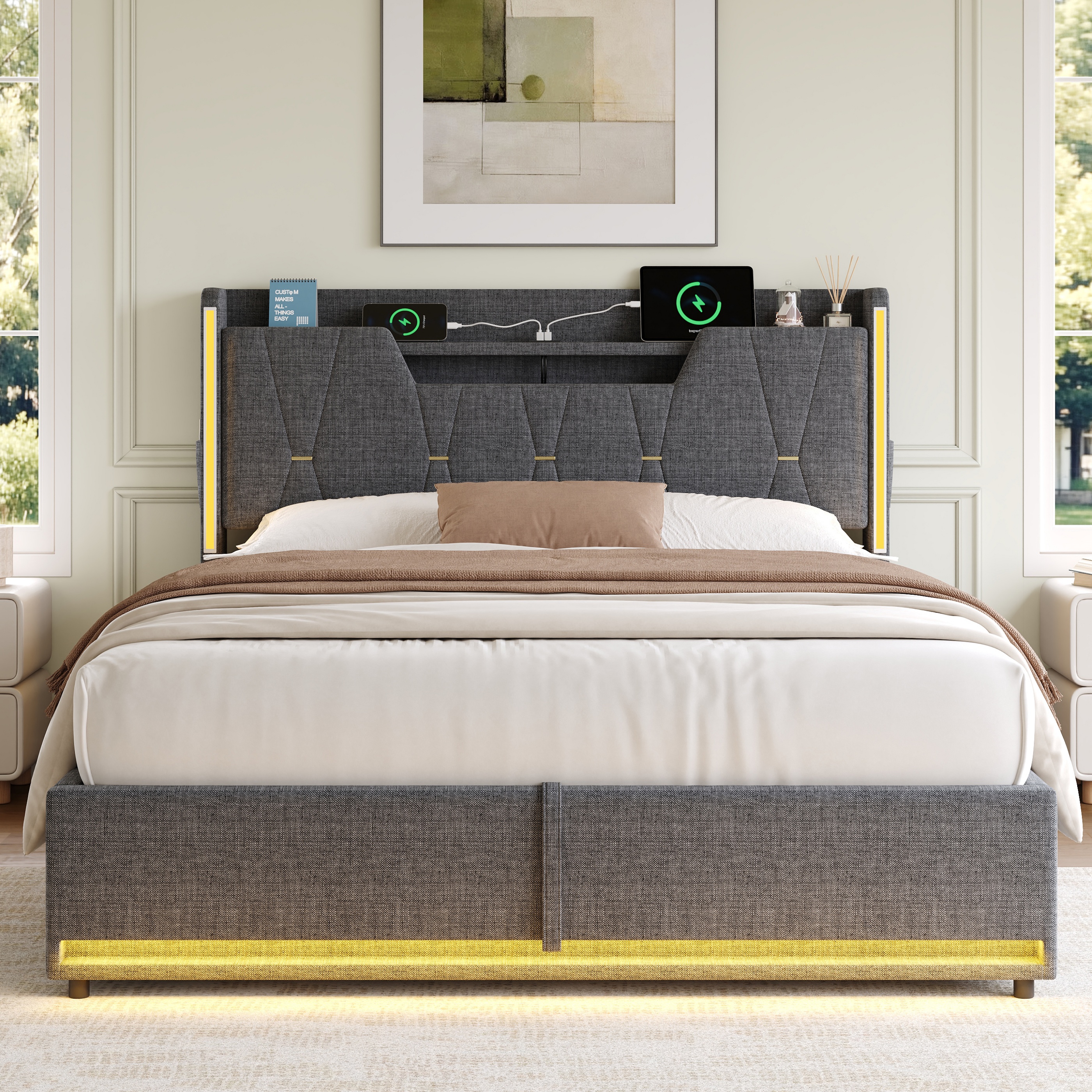 4ft6 Double Upholstered Bed Frame With Hydraulic Storage, LED X-Shape Headboard — image 5