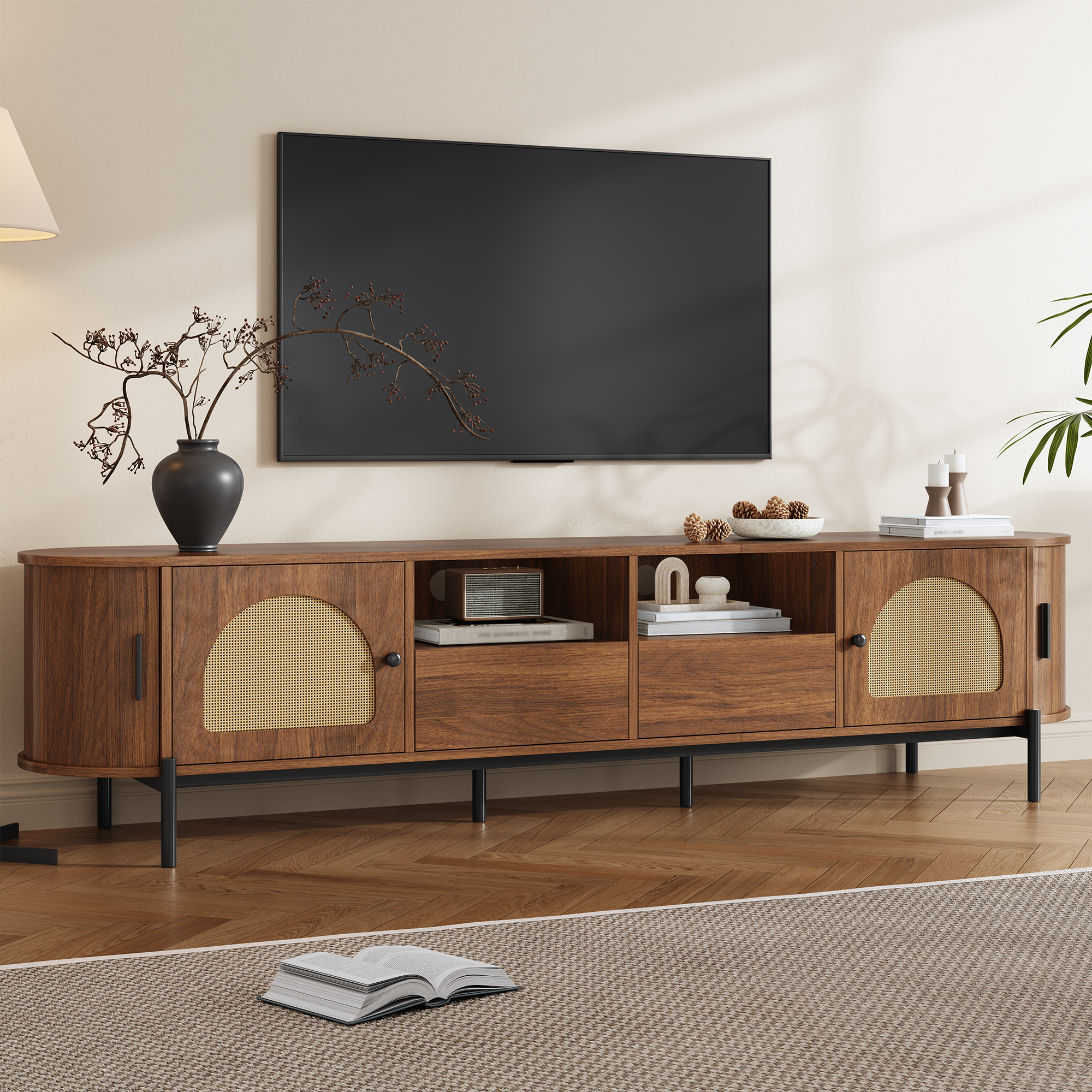 TV Cabinet With Rattan, Sliding Doors, And Drawers, Wood Look, Metal Legs — image 3
