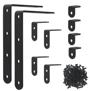 Black Corner Bracket Set, 46-Piece, 10 Corner Brackets In 3 Sizes With 36 Screws, Sturdy Metal Connectors For Furniture Making, Shelving, And DIY Projects—Industrial Hardware
