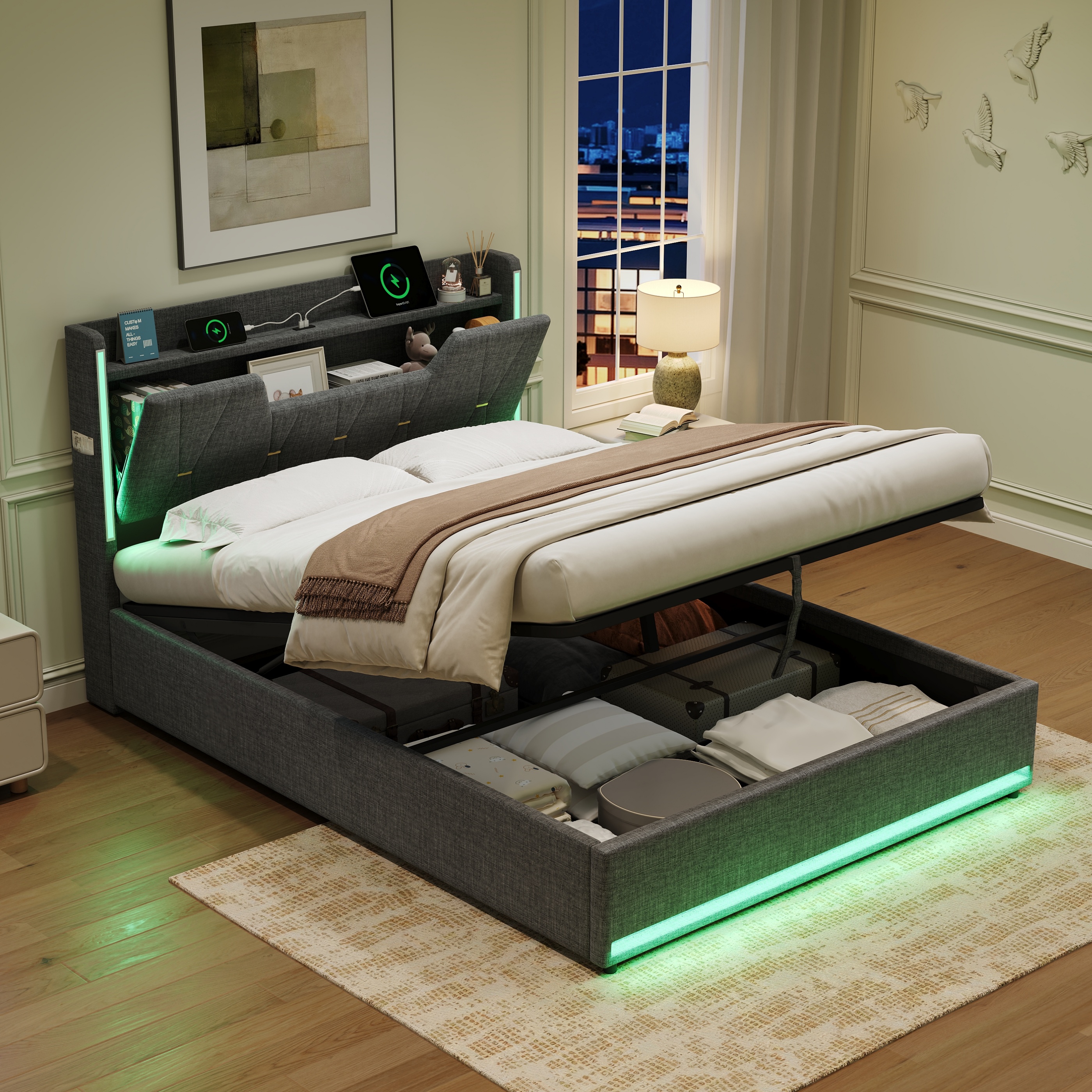 4ft6 Double Upholstered Bed Frame With Hydraulic Storage, LED X-Shape Headboard — image 4