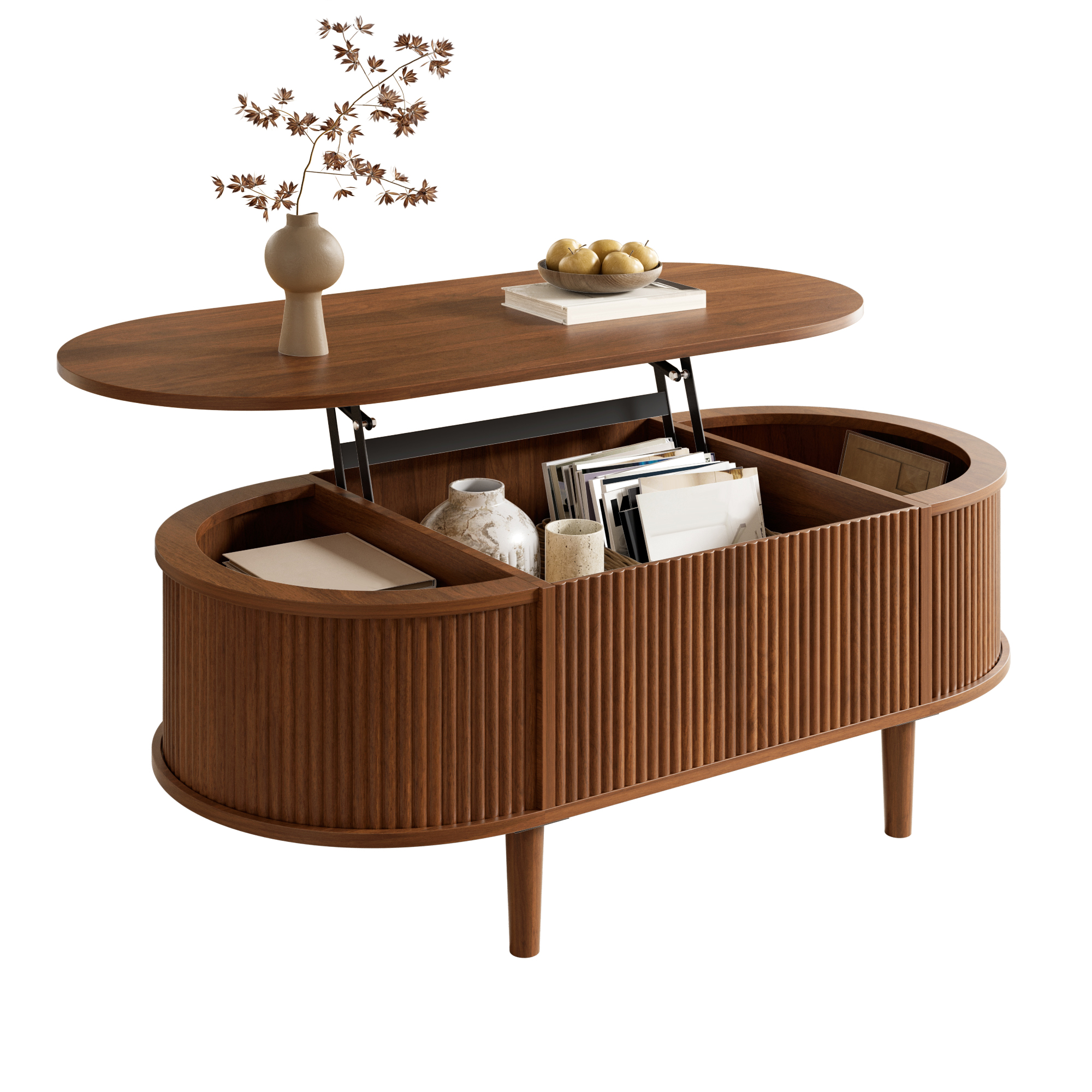 Vertical Stripe Texture Height-Adjustable Oval Coffee Table With Storage, MDF — image 4