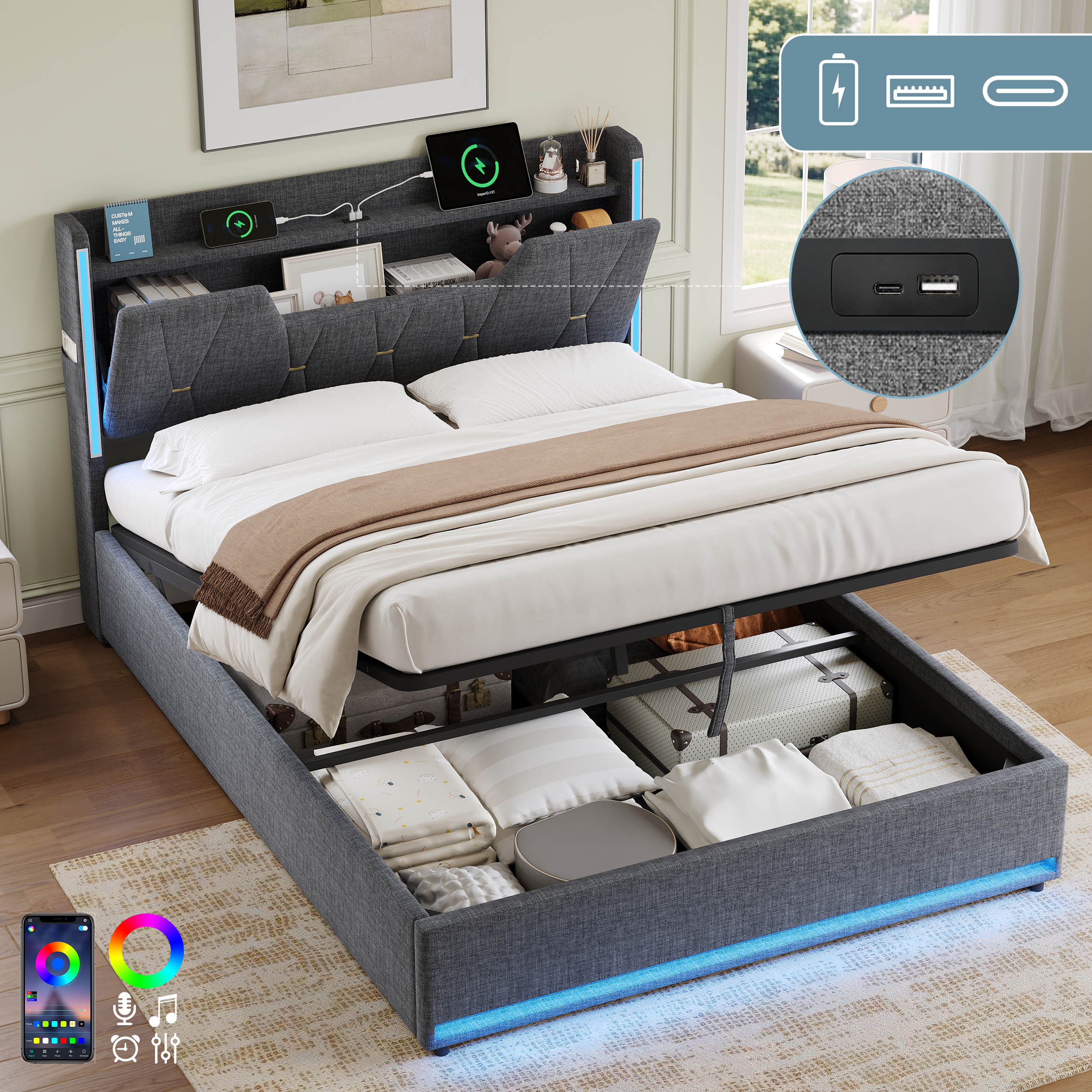 4ft6 Double Upholstered Bed Frame With Hydraulic Storage,  LED X-Shape Headboard With Charging Station And Flip-top Headboard Storage, USB And Type - C Ports, Linen, Grey  No Mattress