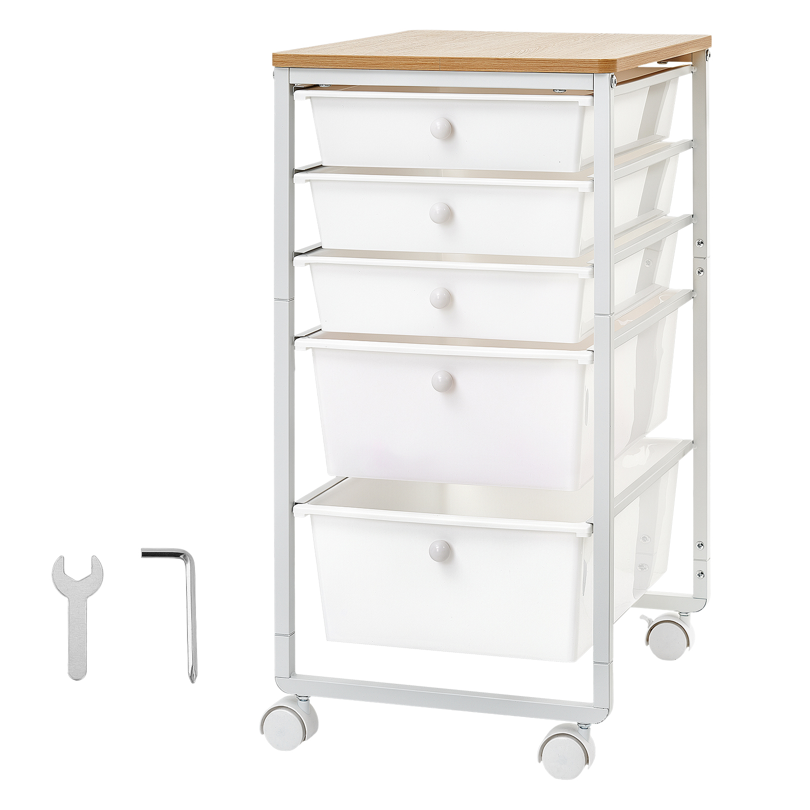 Rolling Cart With Drawers, 5 Drawer Storage Organizer, Mobile Utility Cart With Wood Top, Steel Frame, Universal Casters & 2 Brakes, For Office, Classroom, Craft Supplies, Bedroom, Makeup, White