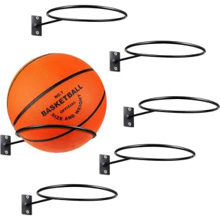 6-Piece Metal Wall-Mounted Ball Rack Shelf, Sports Ball Holder, Black, Assembled With Screws, Basketball Storage And Display, Sports Ball Holder For Soccer, Volleyball, And Footbal