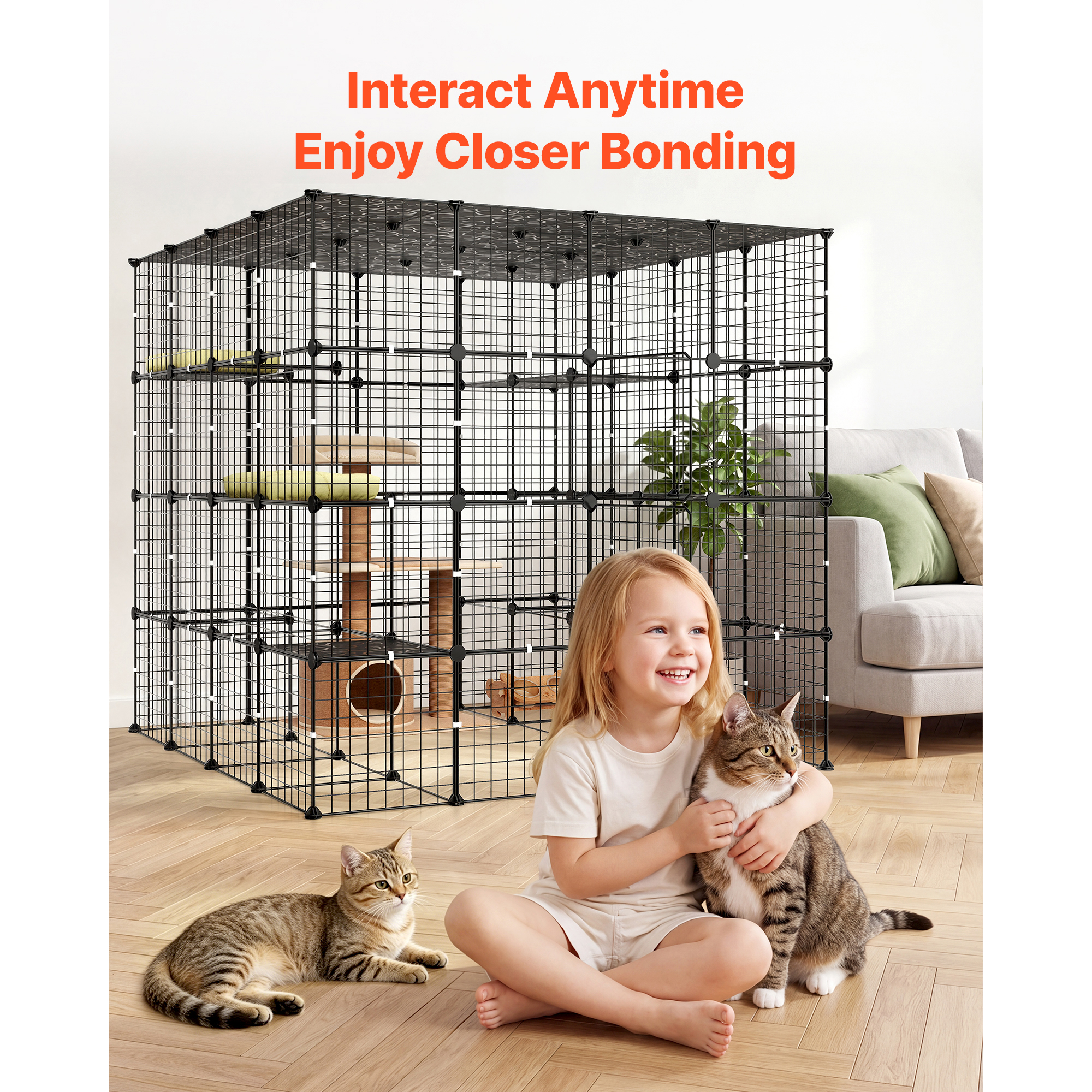 Cat Cage 4-Tier 55"x55"x55" Large DIY Cat Playpen Indoor Enclosure, Detachable Metal Wire Kennel Crate With 3 Doors & Locks, Exercise Place Ideal For 2-3 Cats, Kittens And Small Animals, Black