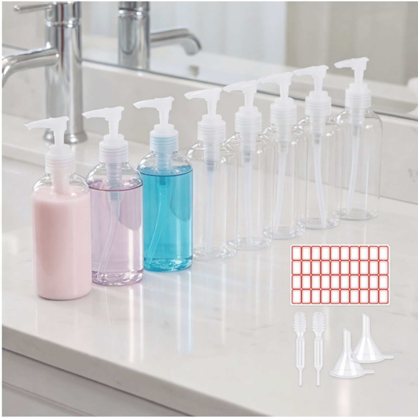 Set Of 9 X 100 Ml Liquid Soap Containers With 2 Mini Funnels, 2 Pipettes, And 40 Labels For Cosmetics, School, And Travel Desk Labels