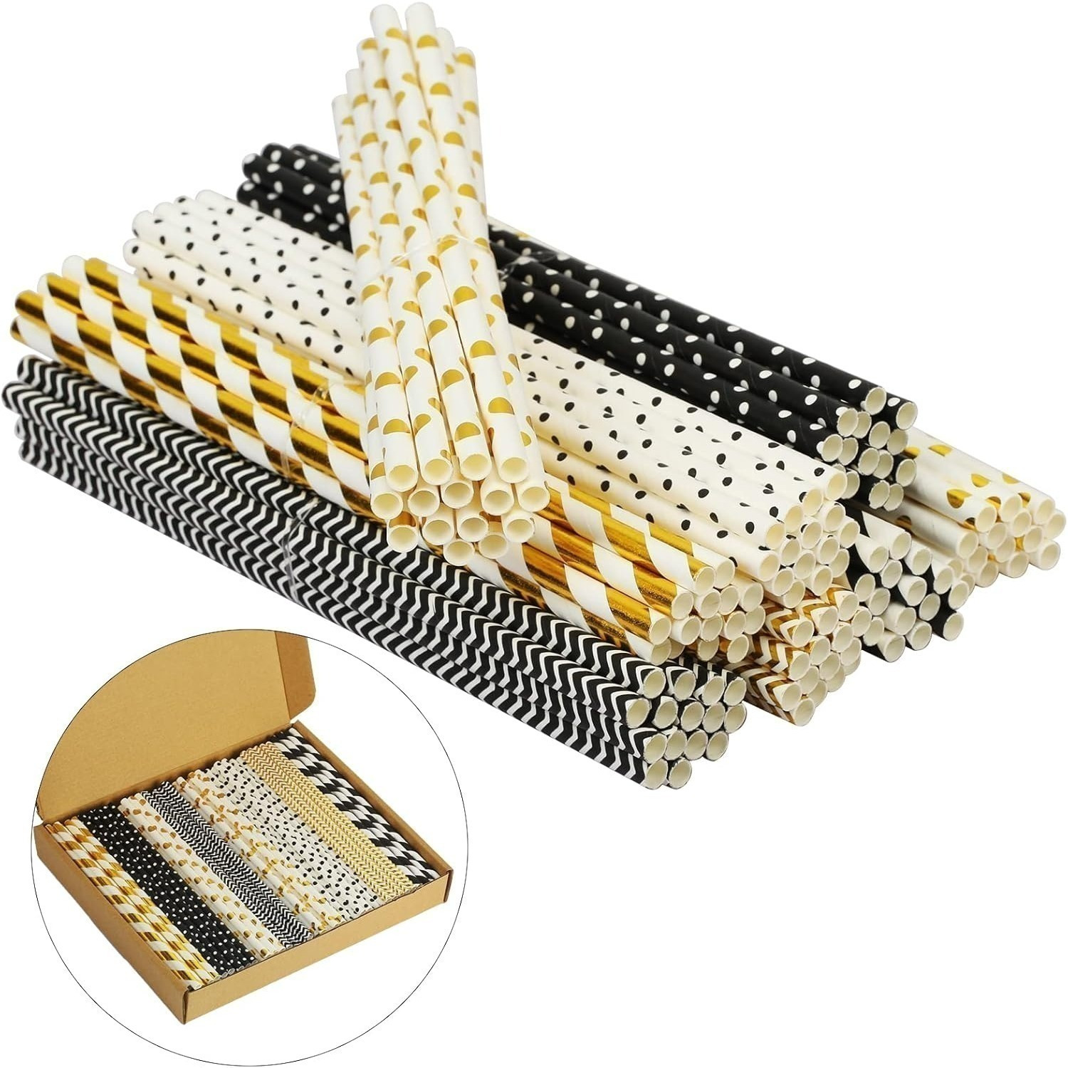 Party Packages - 120 Black And Gold Straws – 8 Designs For Birthdays, Graduation Parties, Halloween, Weddings, Baby Showers, And Holiday Celebrations, Party Supplies