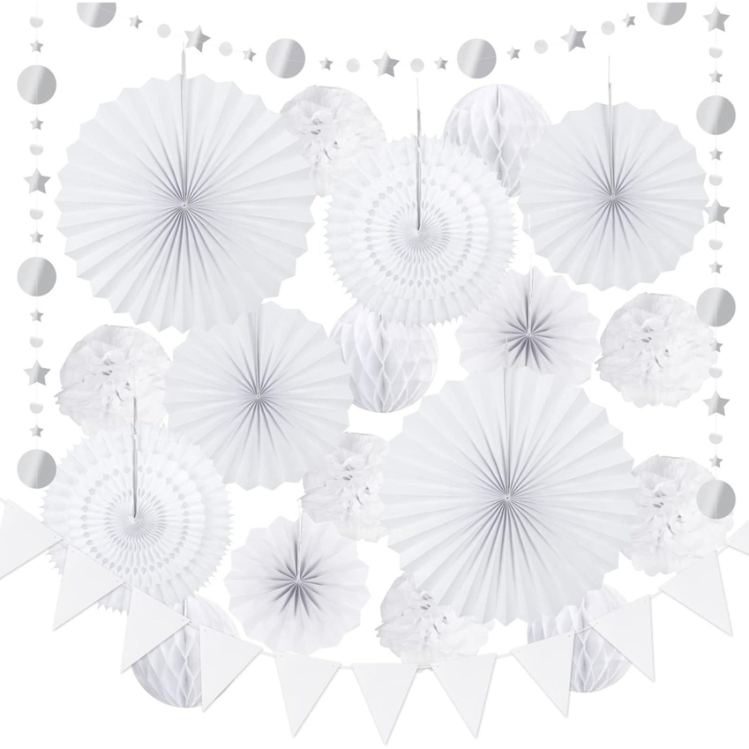 20-Piece Set Of White Paper Fans, Wedding Decoration Set, Paper Pom-Poms, Lanterns, Honeycomb Balls With Garlands, Wedding Decor, Hanging Decorations For Weddings, Baptisms, And Birthday Parties