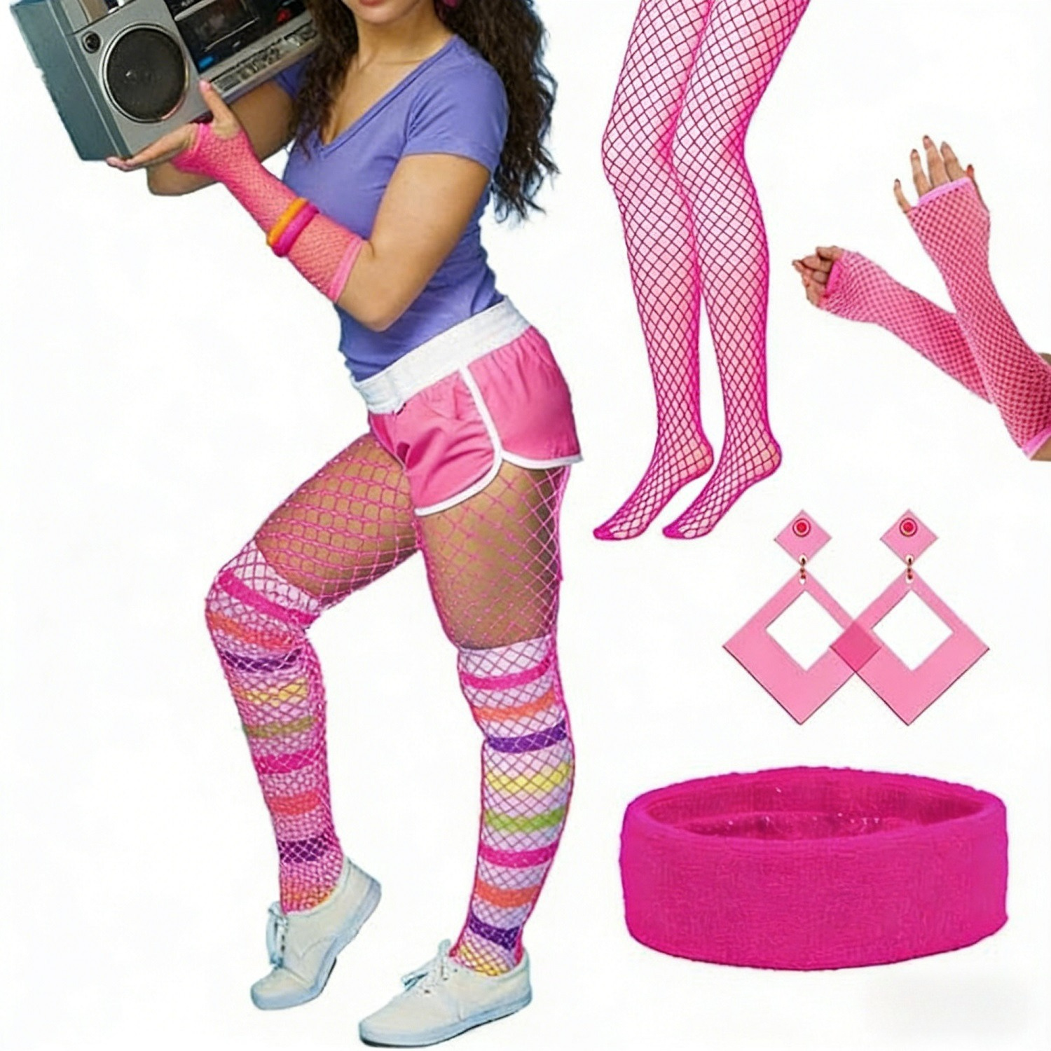 5-piece Fluorescent Pink Women's Outfit In 80s Style, Retro Cosplay Set With Accessories, '80s Party Costume For Carnival & Theme Parties, Neon Outfit For Women—party Accessory Set