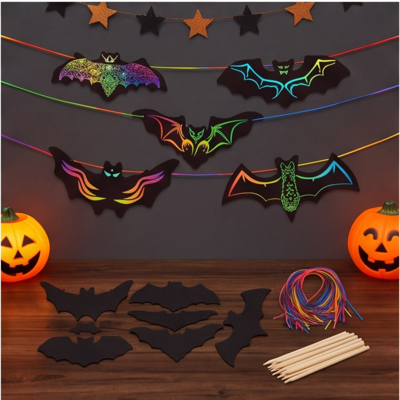 Set Of 50 Halloween Bat Scratch Art Pictures For Creative Crafts And Party Decorations