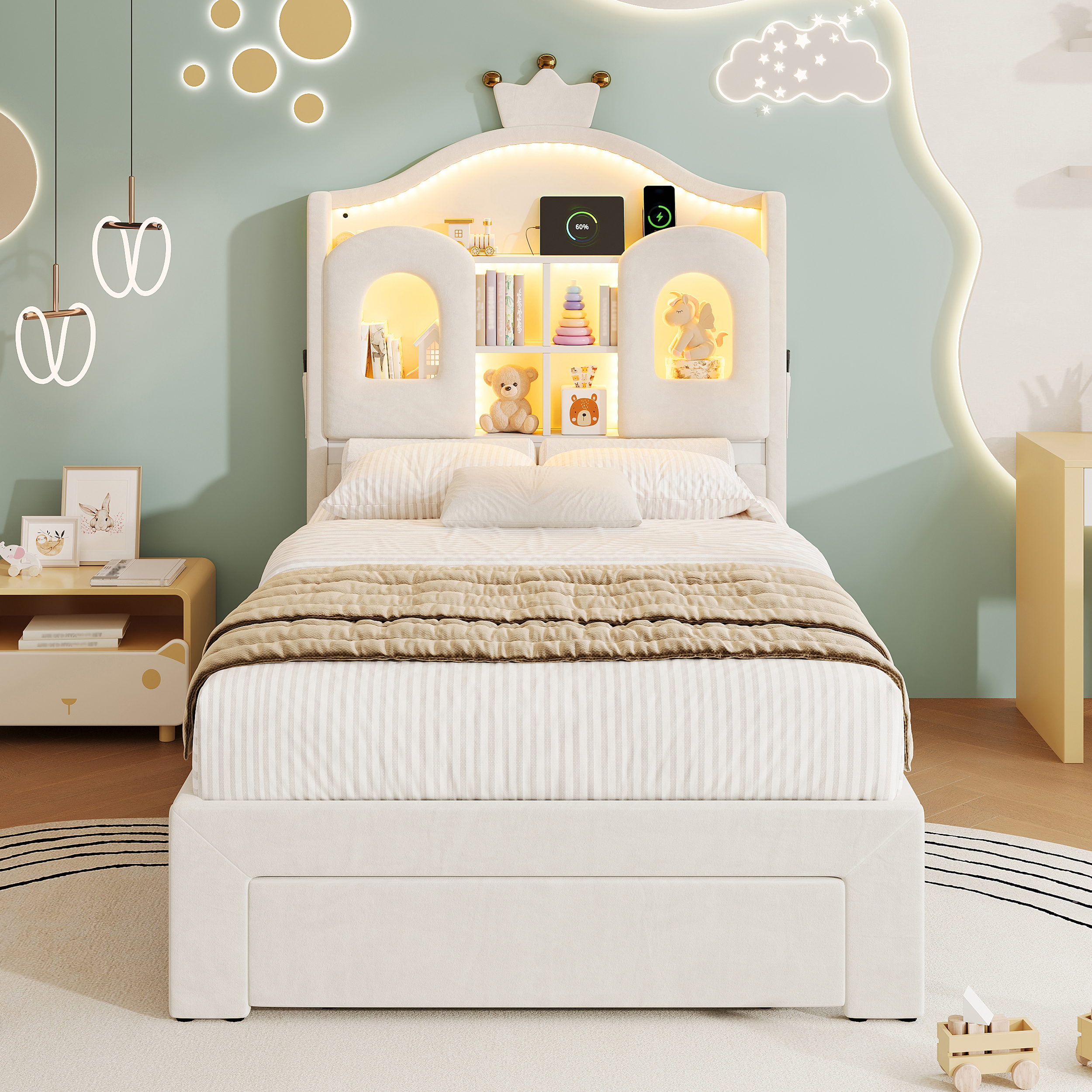 3ft Single Upholstered Bed With LED Storage Headboard, Soft Velvet Frame Drawer
