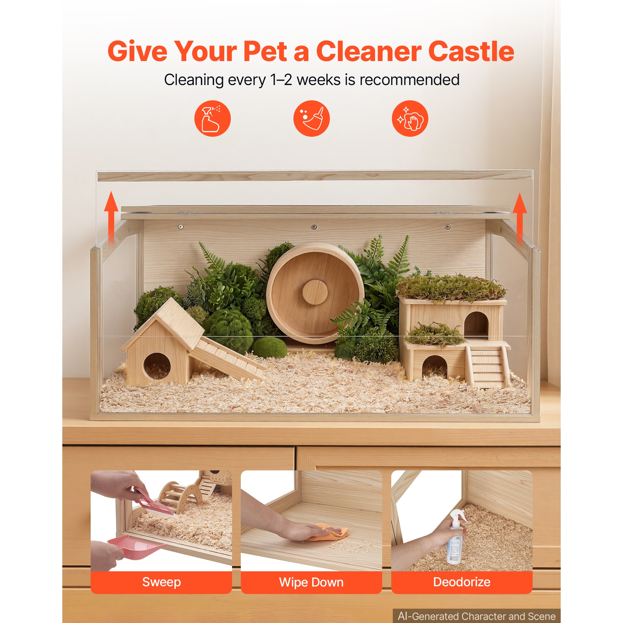 Wooden Hamster Cage 31.9"x16.1"x16.1" 270° Viewing Hamster Habitat, Chewproof Acrylic Small Animal Cage With Openable Top, Large Pet Enclosure For Syrian/Dwarf Hamsters, Guinea Pigs & Gerbils