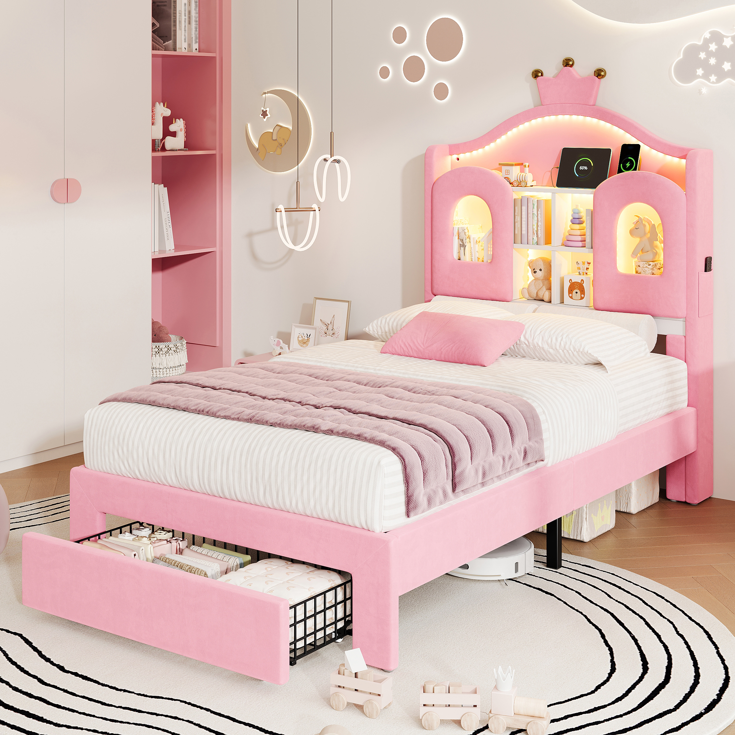 3ft Single Upholstered Bed With LED Storage Headboard, Soft Velvet Frame Drawer — image 4