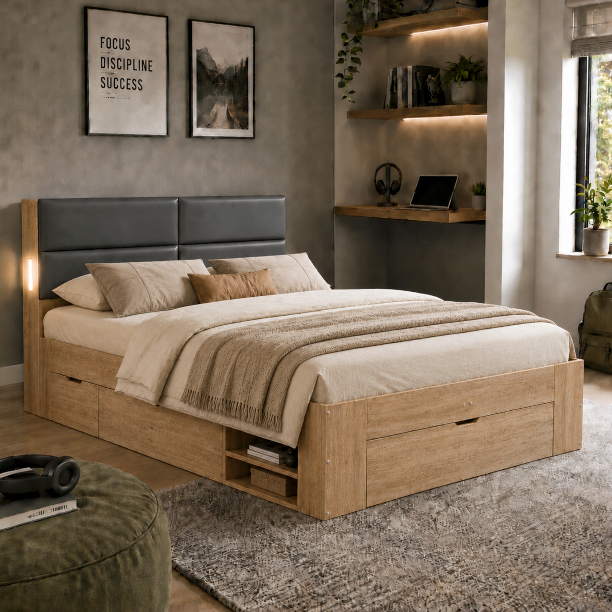 4FT6 Double Bed Frame With Storage, 135 X 190 Cm Natural Effect 3 Drawers, 2 — image 4