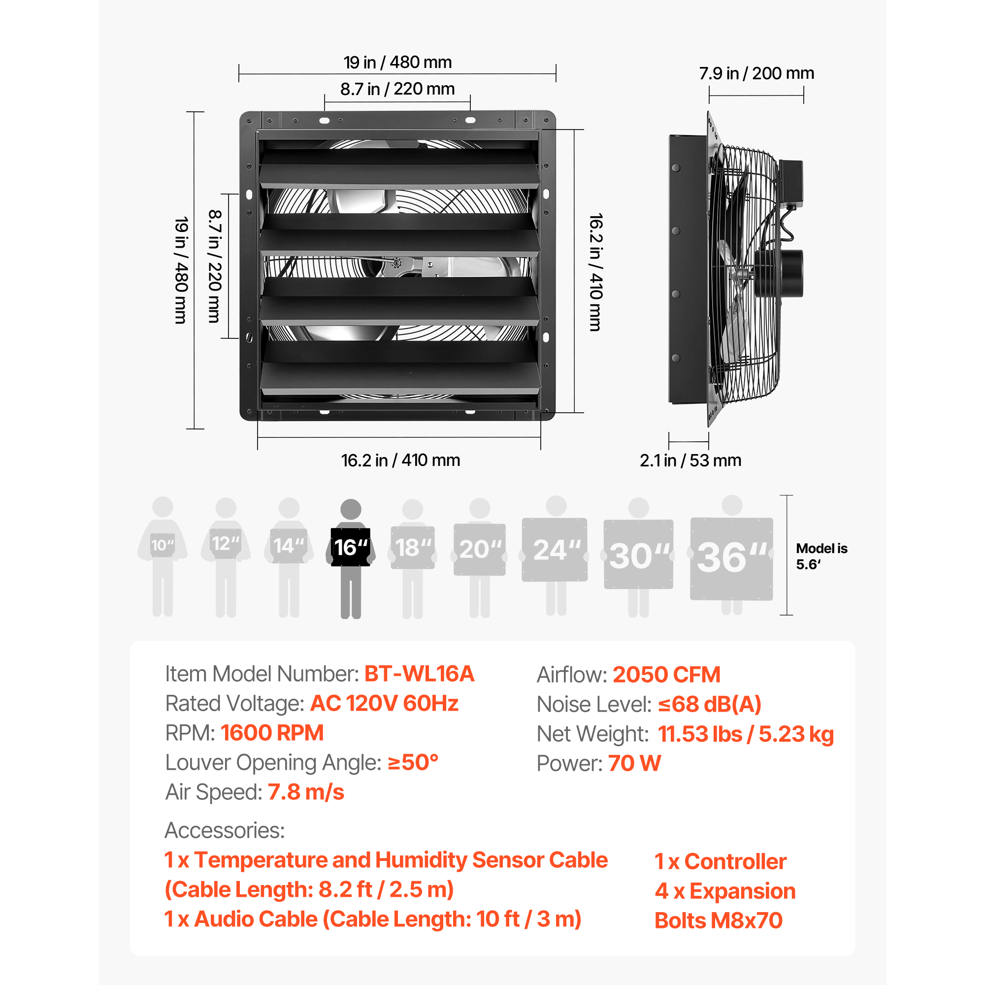 16 Inch Shutter Exhaust Fan Wall Mounted Automatic Louvers EC Motor, Steel Housing, Temperature & Humidity Controller, Ventilation & Cooling